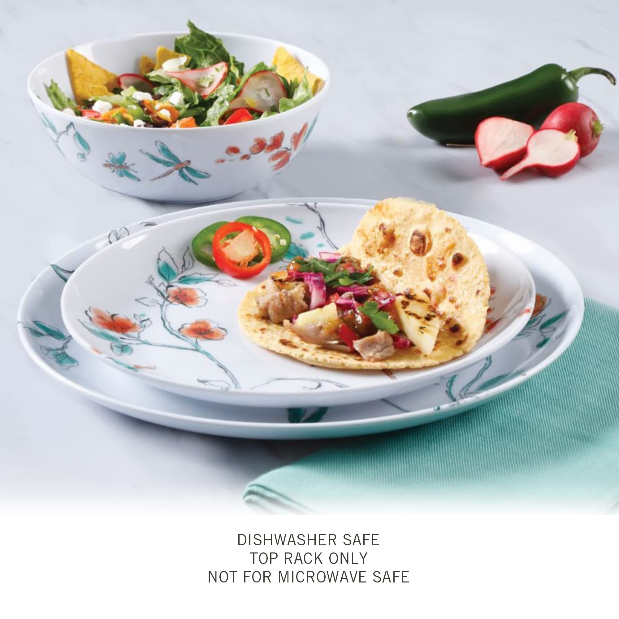 Martha Stewart Dragonfly Melamine Dinnerware Set - White, 12-Piece Service for 4, Shatterproof Outdoor & Indoor Dining Plates, Bowls, Cups - Perfect for Patio, Picnic, Pool Party, and Everyday Use