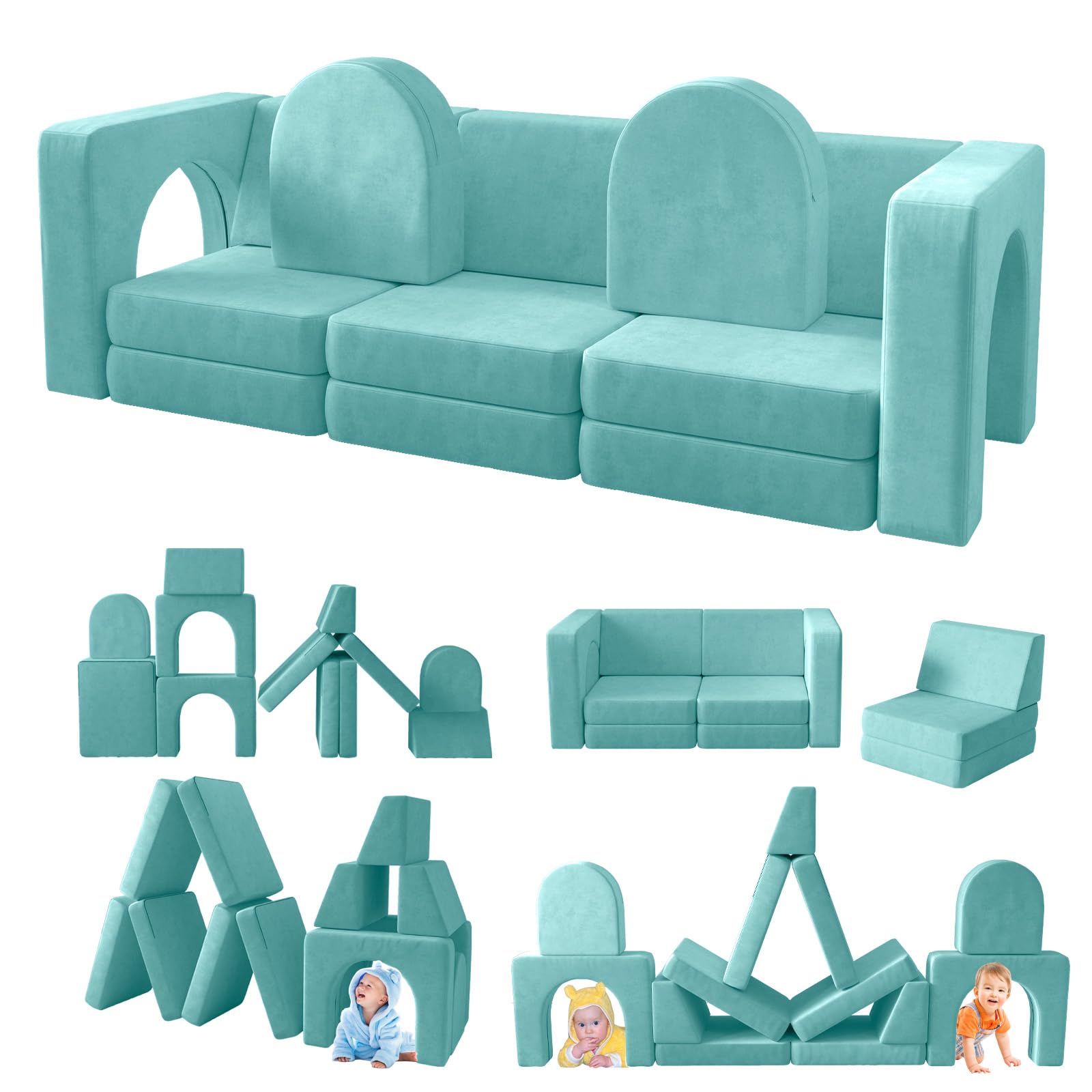 Wanan Kids Couch 12PCS - Modular Play Sofa for Toddlers, 12-in-1 Multifunctional Children's Furniture for Playroom & Bedroom, Creative Play, Nap Time & Indoor Activities - Ice-Snow Blue (Perfect for Playdates, Reading Nooks & Cozy Movie Nights)