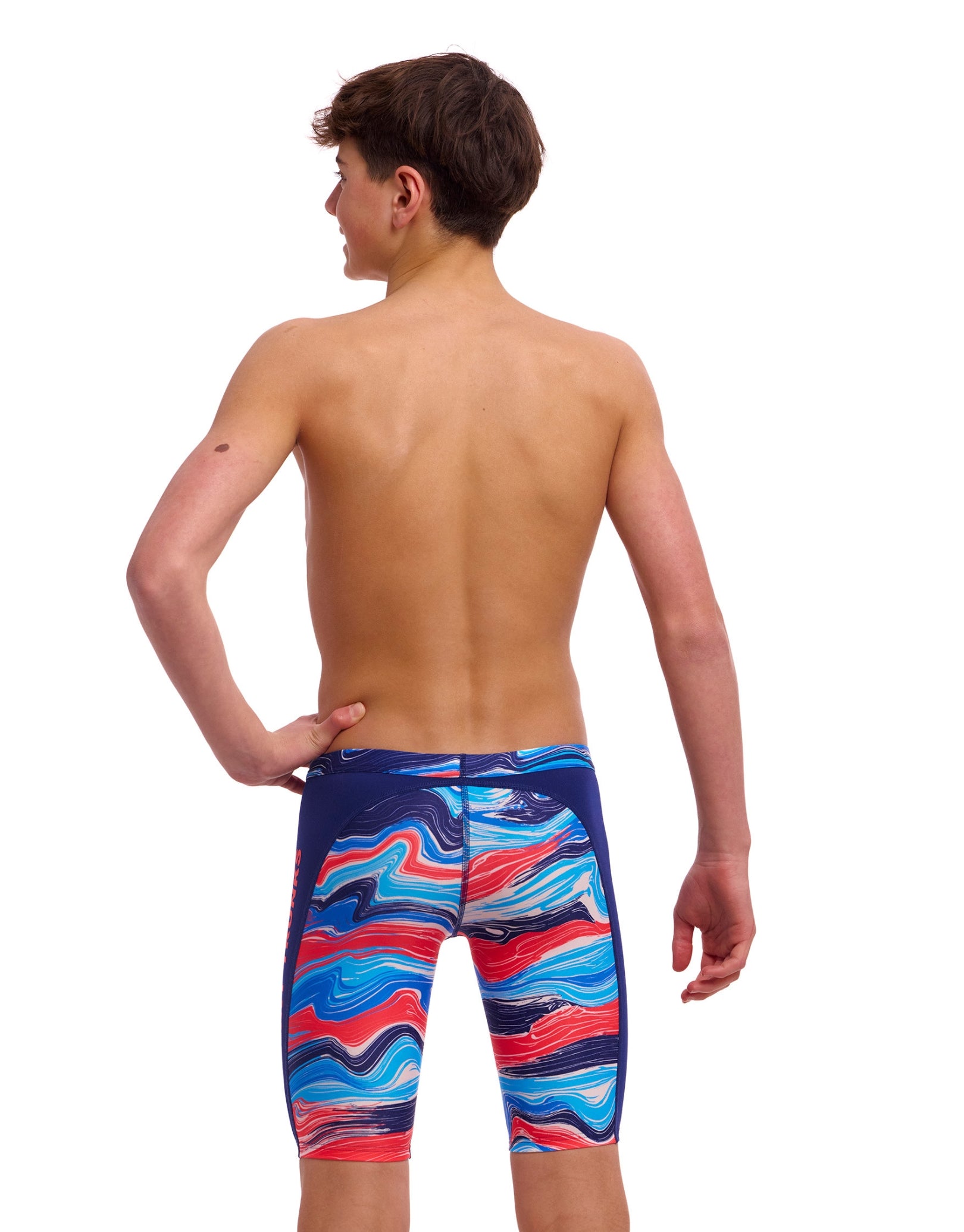 Boys Wave Craze Swim Training Jammer - Quick-Dry Competitive Swimwear for Kids in Blue/Red - Perfect for Swim Practice, Lessons & Summer Pool Fun