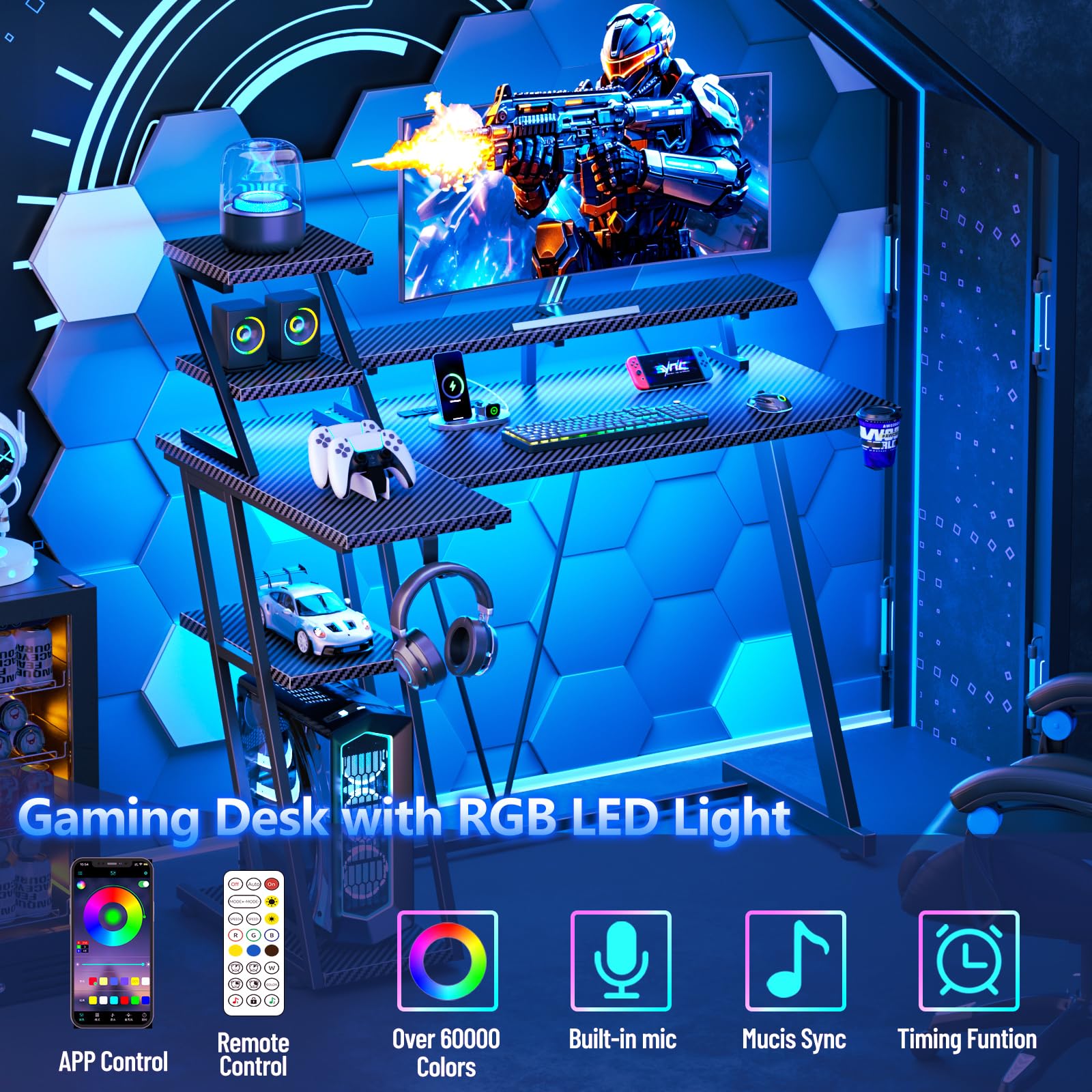 40 Inch LED Gaming Desk with Power Outlet & Storage Shelves - L-Shaped Carbon Fiber Computer Desk with Monitor Stand | Perfect for Small Spaces, Bedrooms & Gaming Setups
