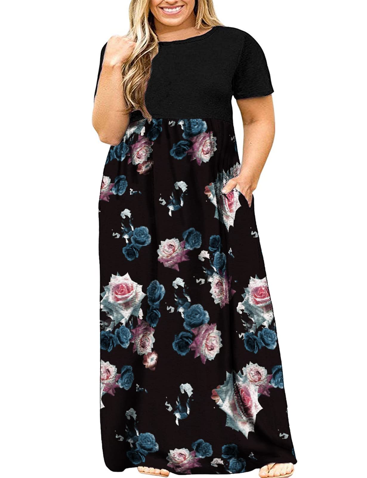 Kancystore Women's Plus Size Short Sleeve Maxi Dress with Pockets - Loose Fit Casual Summer Dress for Beach, Vacation & Everyday Wear