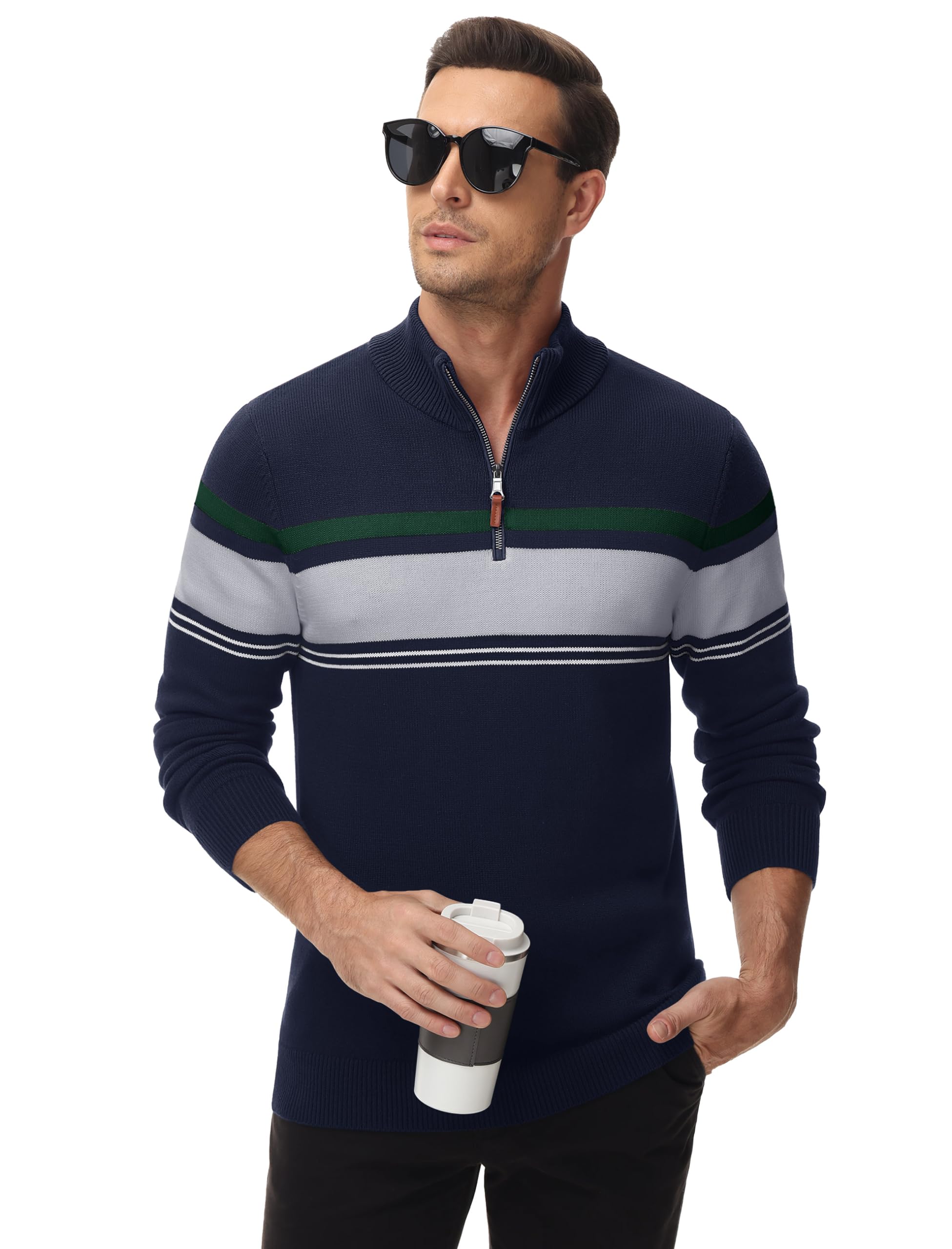 MAGCOMSEN Men's 1/4 Zip Cotton Sweater Pullover - Striped Polo Sweater for Fall & Winter | Warm Casual Knit Sweatshirt for Office, Outdoor & Daily Wear