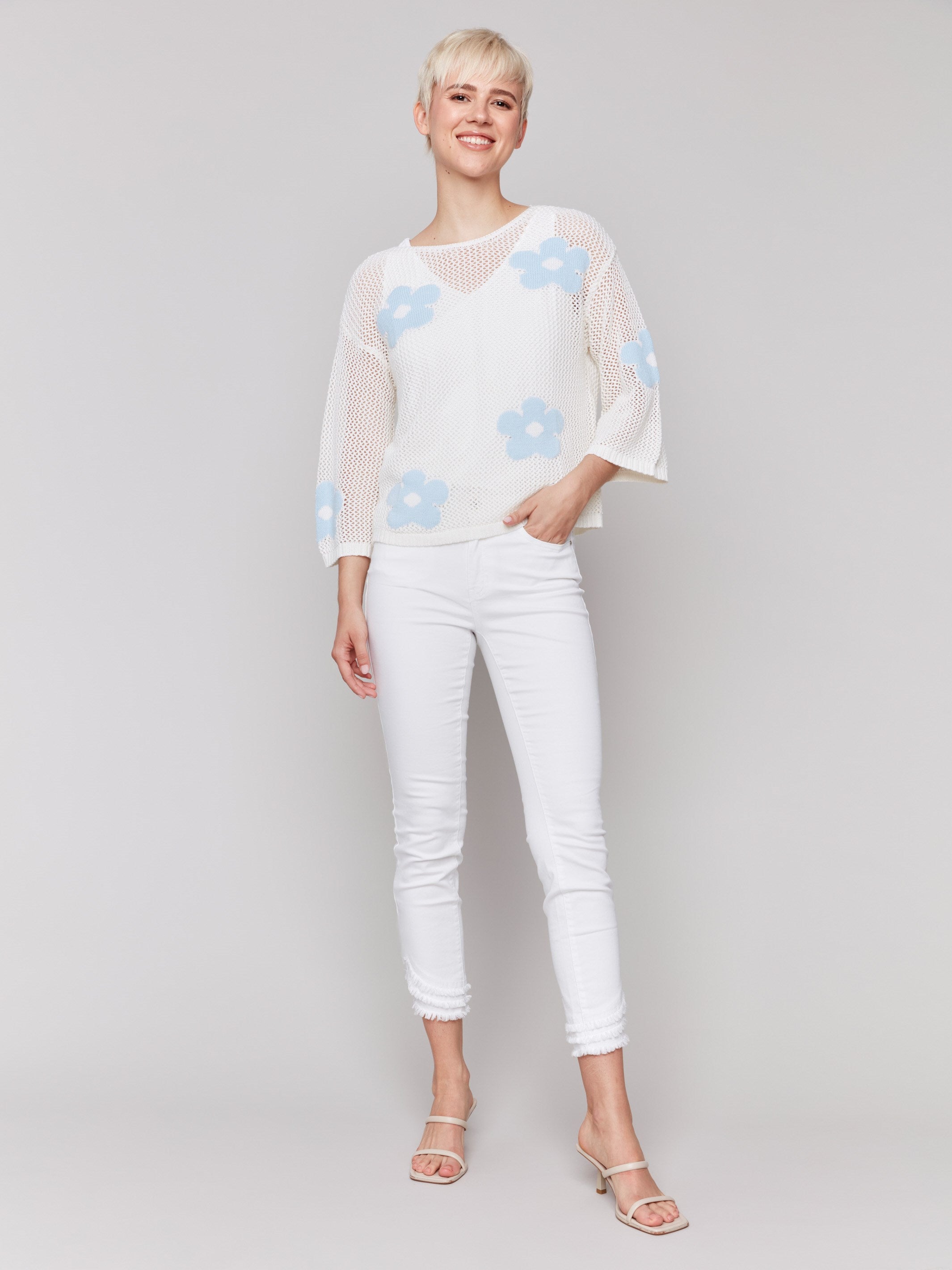 Elegant Jacquard Knit Crochet Sweater for Women - White | Cozy Winter Pullover for Casual Outfits & Holiday Gatherings
