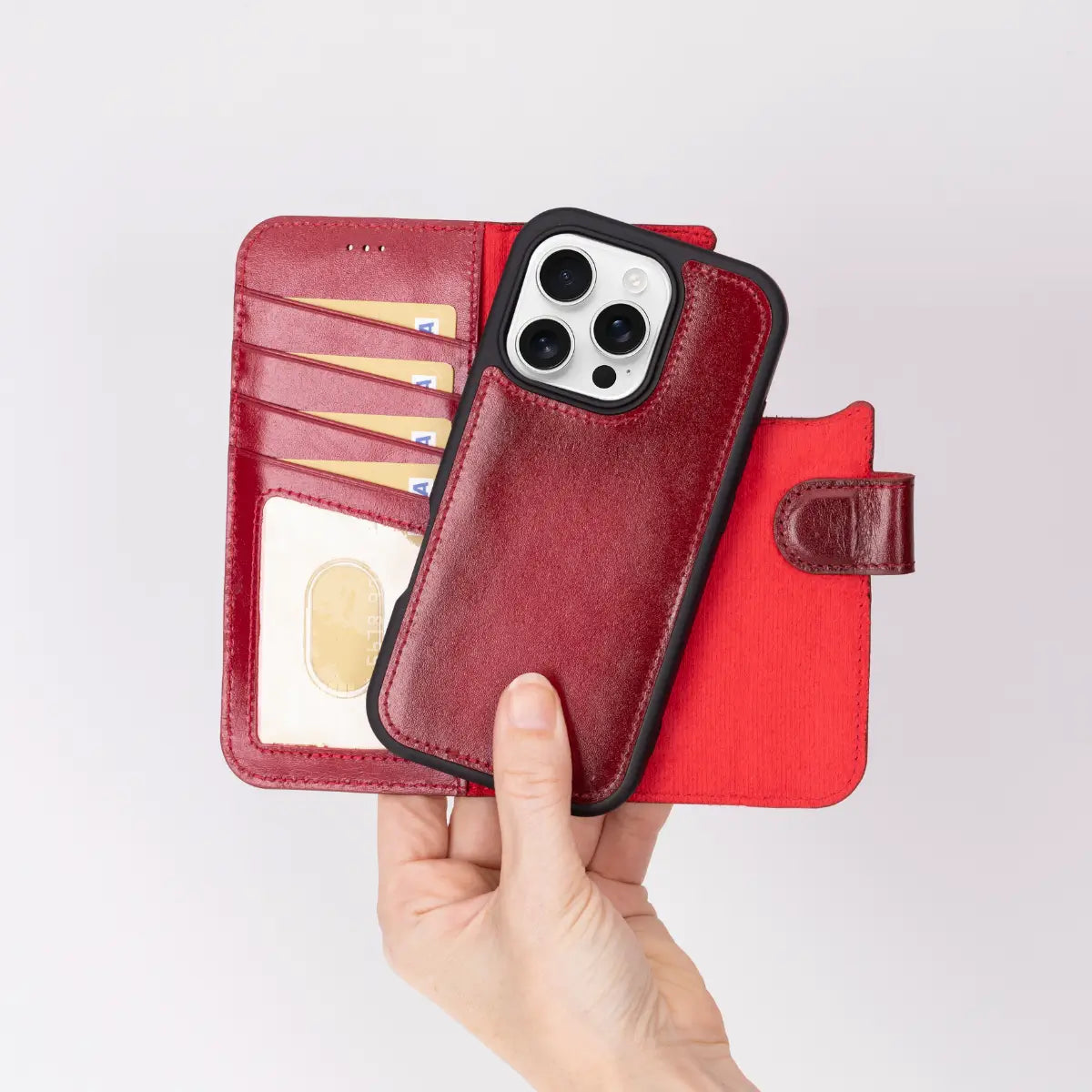 Premium Burnished Red Leather iPhone 17 Pro Wallet Case - Slim Protective Cover with Card Slots | Perfect for Business Travel, Everyday Use & Gift Giving