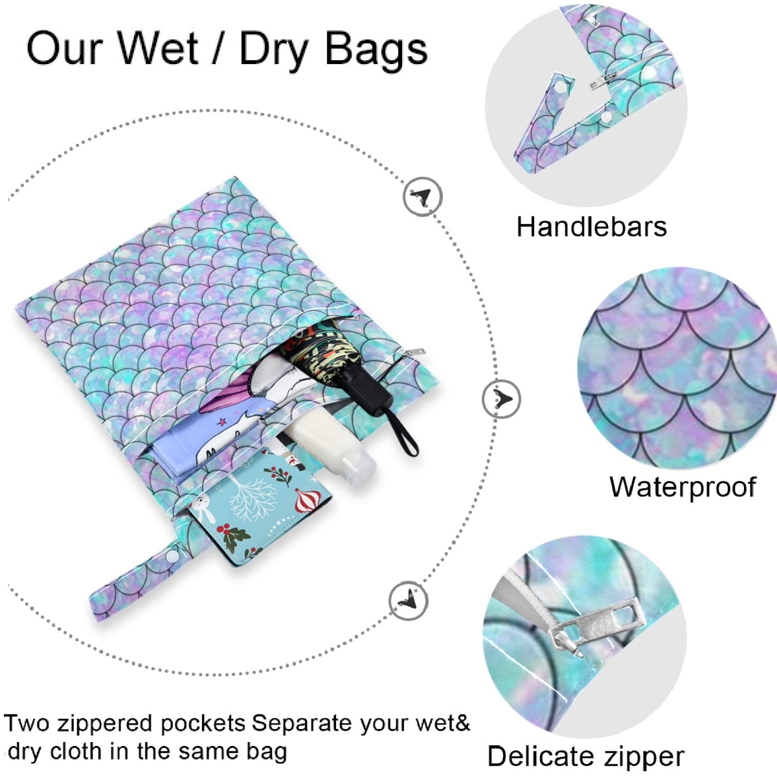 2Pcs Waterproof Wet Bags with Zipper Pockets - Reusable Washable Mermaid Scale Design for Swimsuits, Diapers & Gym Clothes - Perfect for Travel, Beach, Pool, Daycare & Stroller Organization - Keep Toiletries & Wet Items Secure