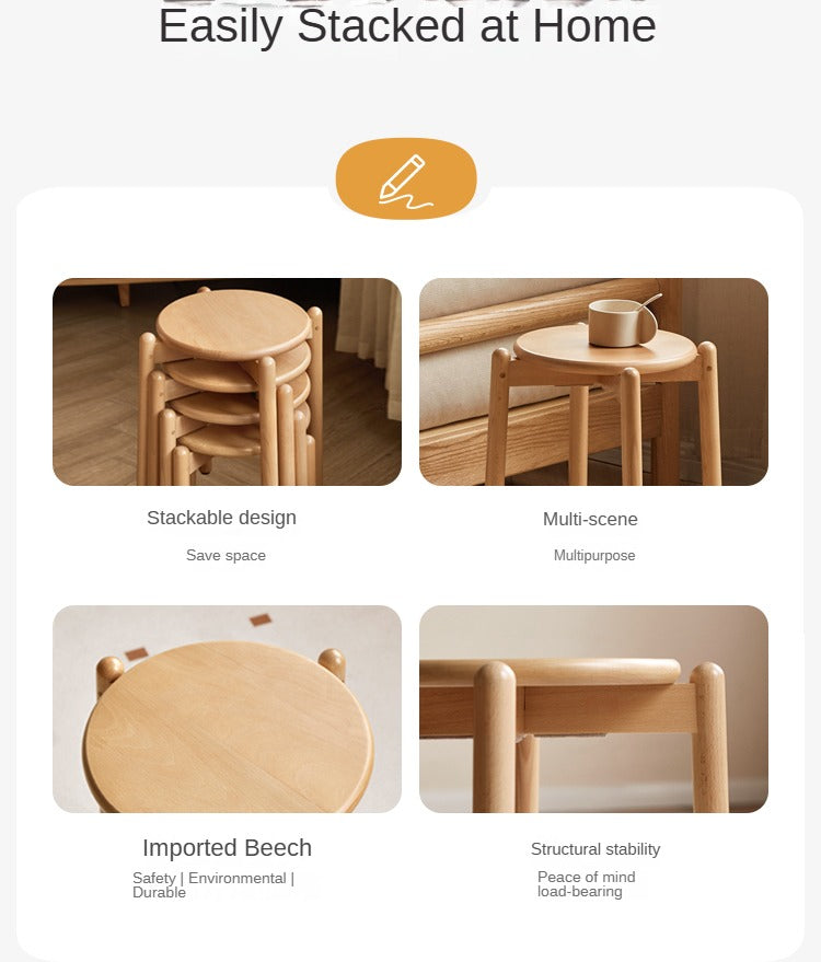 Stackable Beech Wood Stools - Solid Wood Bar Stools for Kitchen, Dining, or Outdoor Use - Space-Saving Seating Solution for Home & Garden