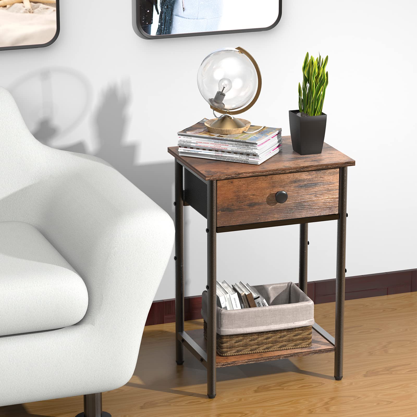 Rustic Night Stand with Drawer - 2-Tier Bedside Table for Small Spaces, Bedroom, Living Room, Study & Office - Perfect for Storage & Décor