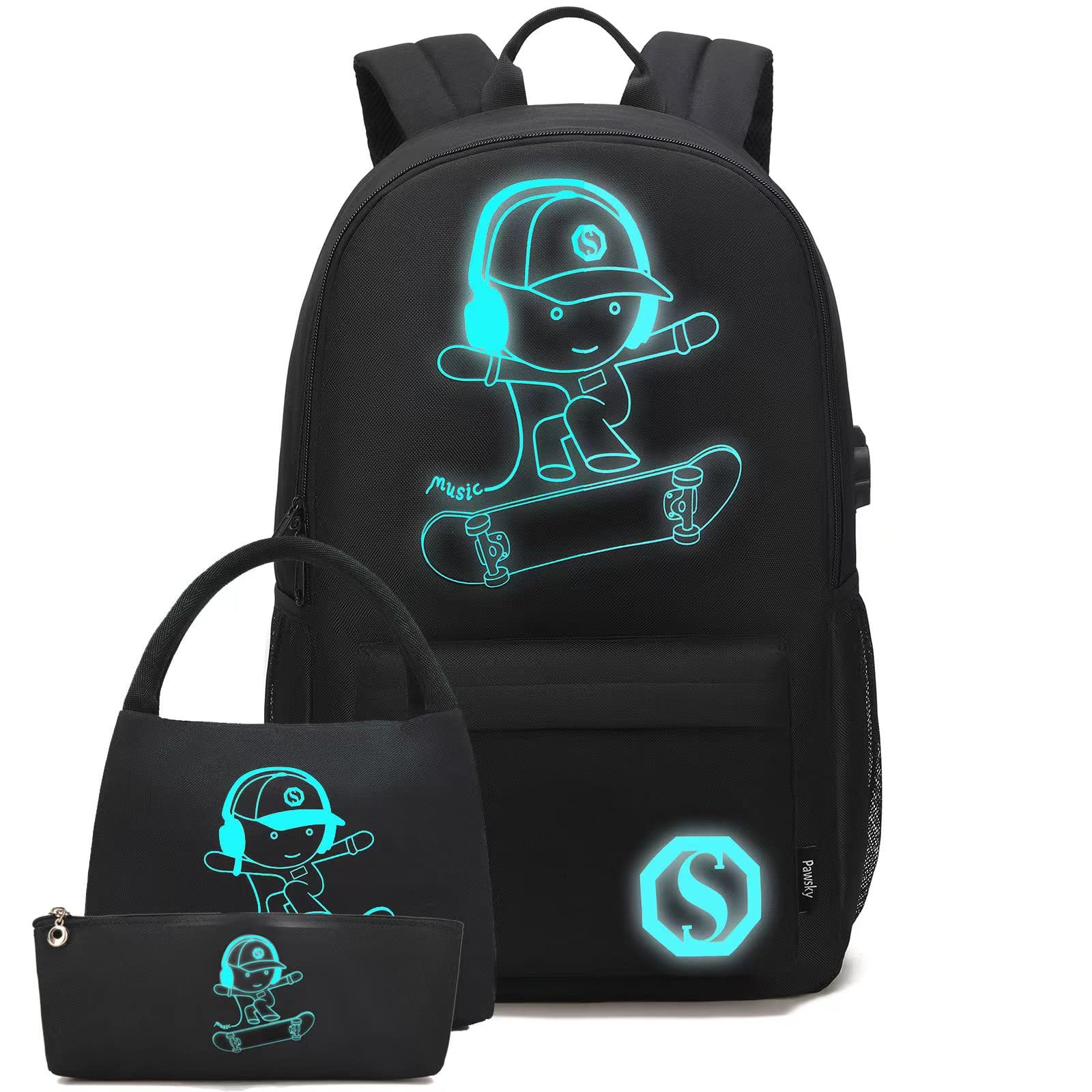 Kids Skateboard Anime Luminous Backpack with USB Charging Port & Anti-Theft Lock - Waterproof School Backpack for Teen Boys & Girls, Includes Lunch Bag & Pencil Case - Perfect for School, College, Travel & Outdoor Activities