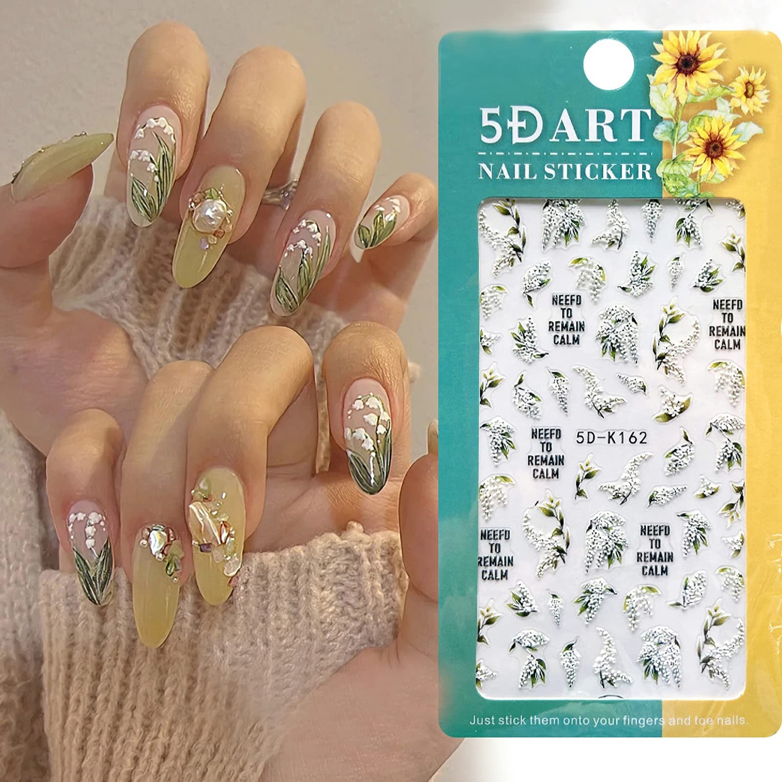 5D White Flower Nail Stickers - Summer Self-Adhesive Leaf Nail Decals for Nail Art, Green Leaves & Embossed Lily Floral Nail Accessories | Perfect for DIY Nail Designs, Bridal Manicures, and Summer Nail Art Decorations