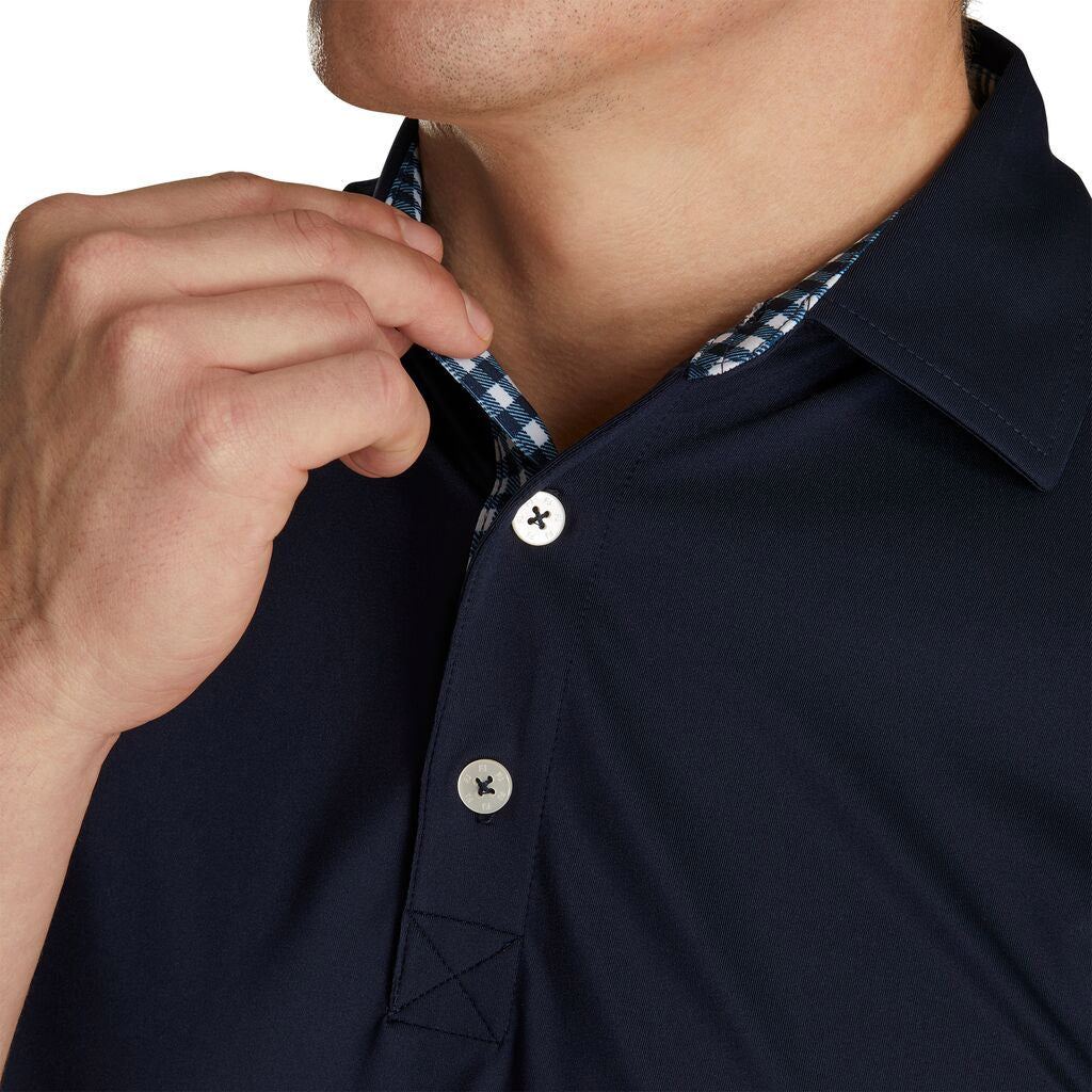 FootJoy Athletic Fit Lisle Solid Gingham Trim Self Collar Navy Men's Golf Polo Shirt - Breathable Performance Top for Golfing & Casual Wear