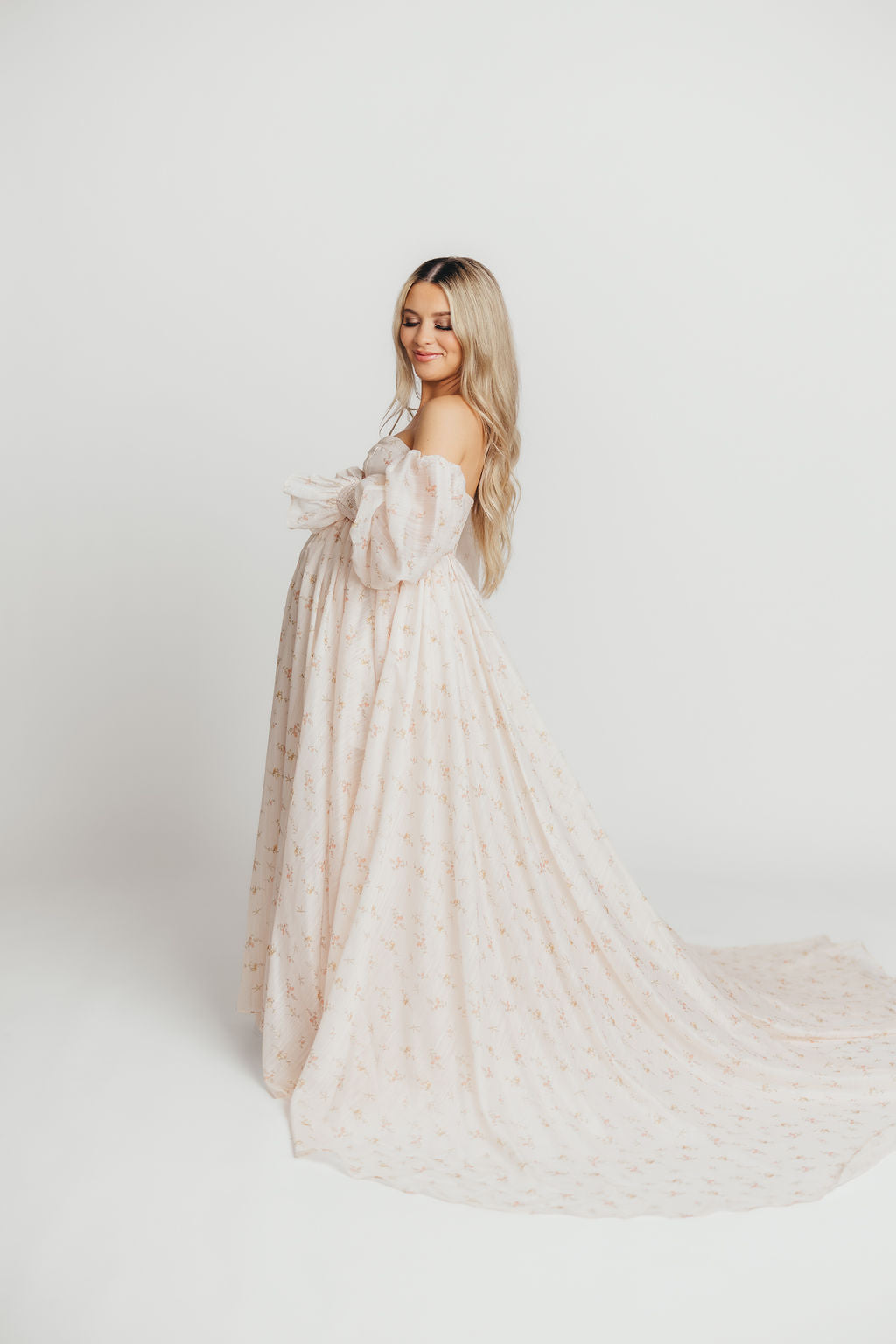 Delilah Maxi Dress with Train in Peach - Bump Friendly Maternity Dress (XS-3XL) for Weddings, Parties & Special Occasions