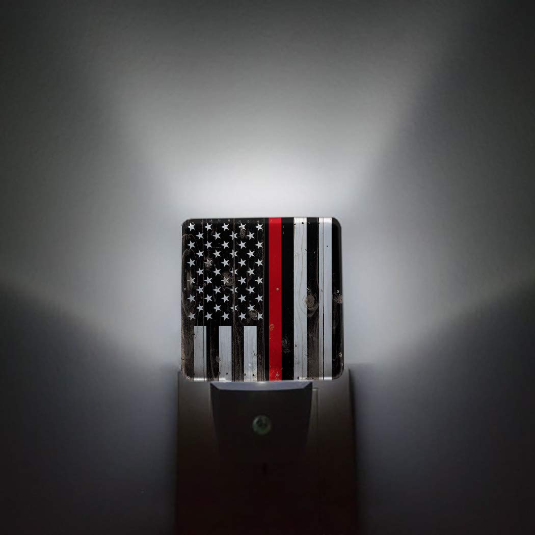 USA Flag LED Night Light with Auto Sensor - Thin Red Line Firefighter Respect Plug-in Wall Lamp for Bedroom, Hallway, Kids & Adults | Bright Square Night-Lights for Home Decor & Safety