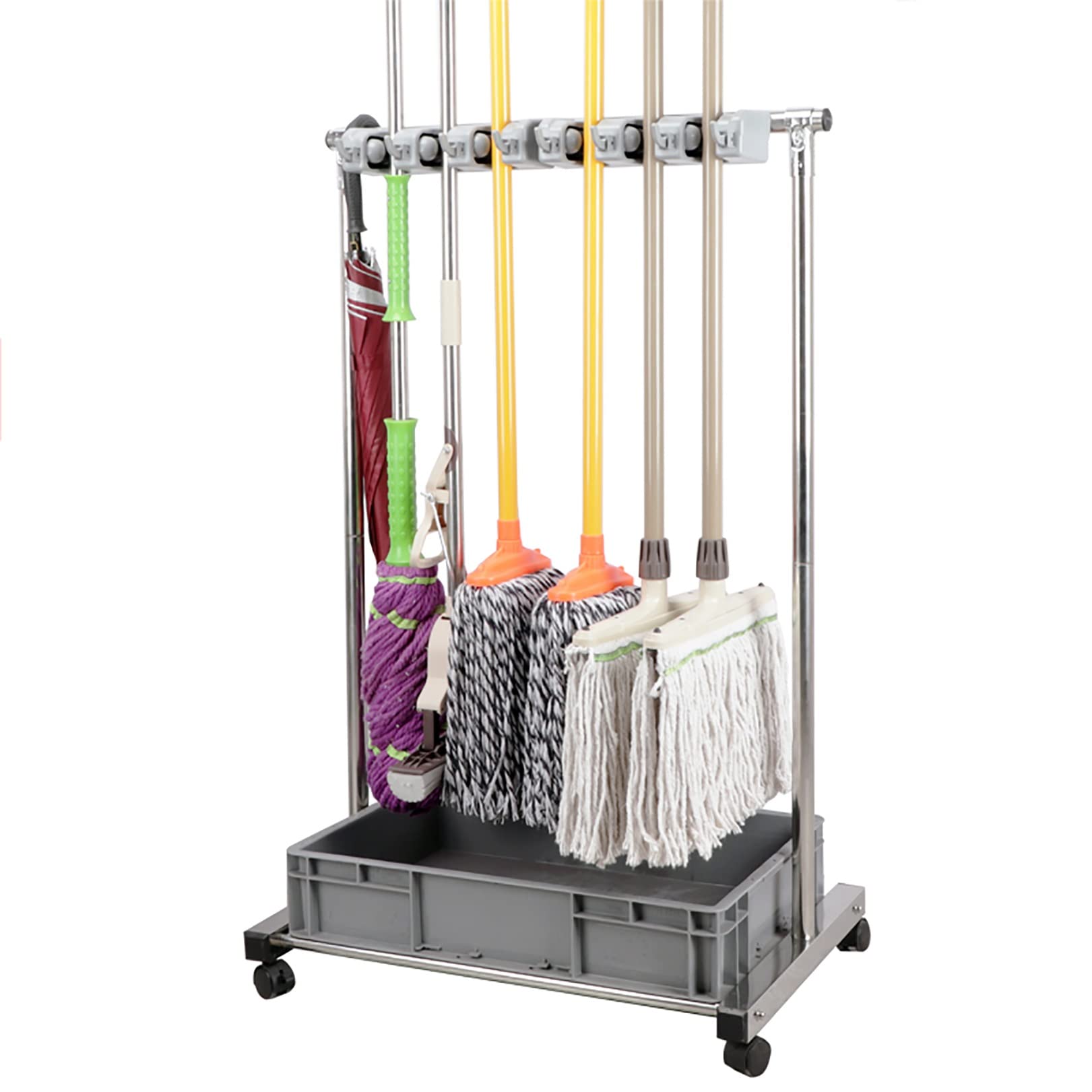 MERTNK Adjustable Mobile Hand Truck with Floor-Mounted Rack - Heavy Duty Broom & Mop Holder, Movable Storage Cabinet for Workshop, Garage, Kitchen, Restaurant - Space Saving Organization Solution for Tools, Cleaning Supplies & Equipment (Ideal for Home, Business & Commercial Use)