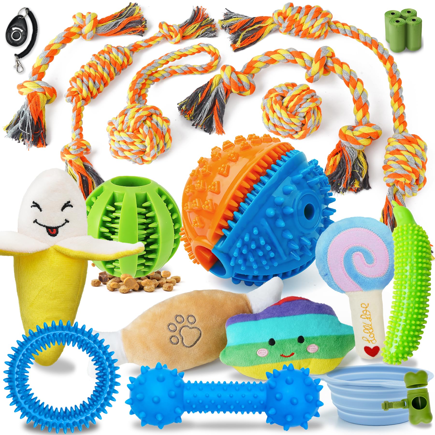 22 Pack Fun & Practical Puppy Toys for Teething, Training - Colorful Ropes, Squeaky Plush Toys, Durable Chew Toys with Portable Dog Bowl & Clicker - Perfect for Puppy Playtime, Obedience Training & Travel