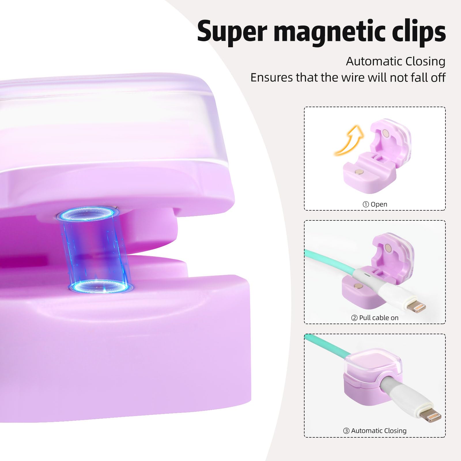 6 Pack Magnetic Cable Clips - Adhesive Cord Organizer for USB/Charging Cables - Home Office Car Wall Desktop Nightstand Kitchen Organization (Purple) - Perfect for Tidy Workspaces & Cable Management