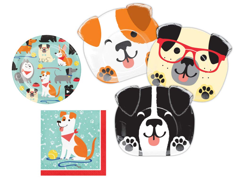 Puppy Dog Themed Party Supplies Set - 8 Shaped Dinner Plates, Dessert Plates & Luncheon Napkins for Birthday Celebrations & Dog Lover Events