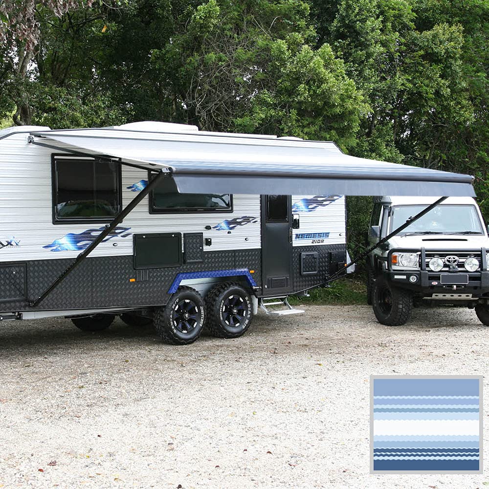 Premium Waterproof RV Awning Replacement - 17ft Heavy Duty Vinyl Canopy with Blue Stripes | Durable Camper Shade Screen for Outdoor Camping, Travel Trailers & Motorhomes