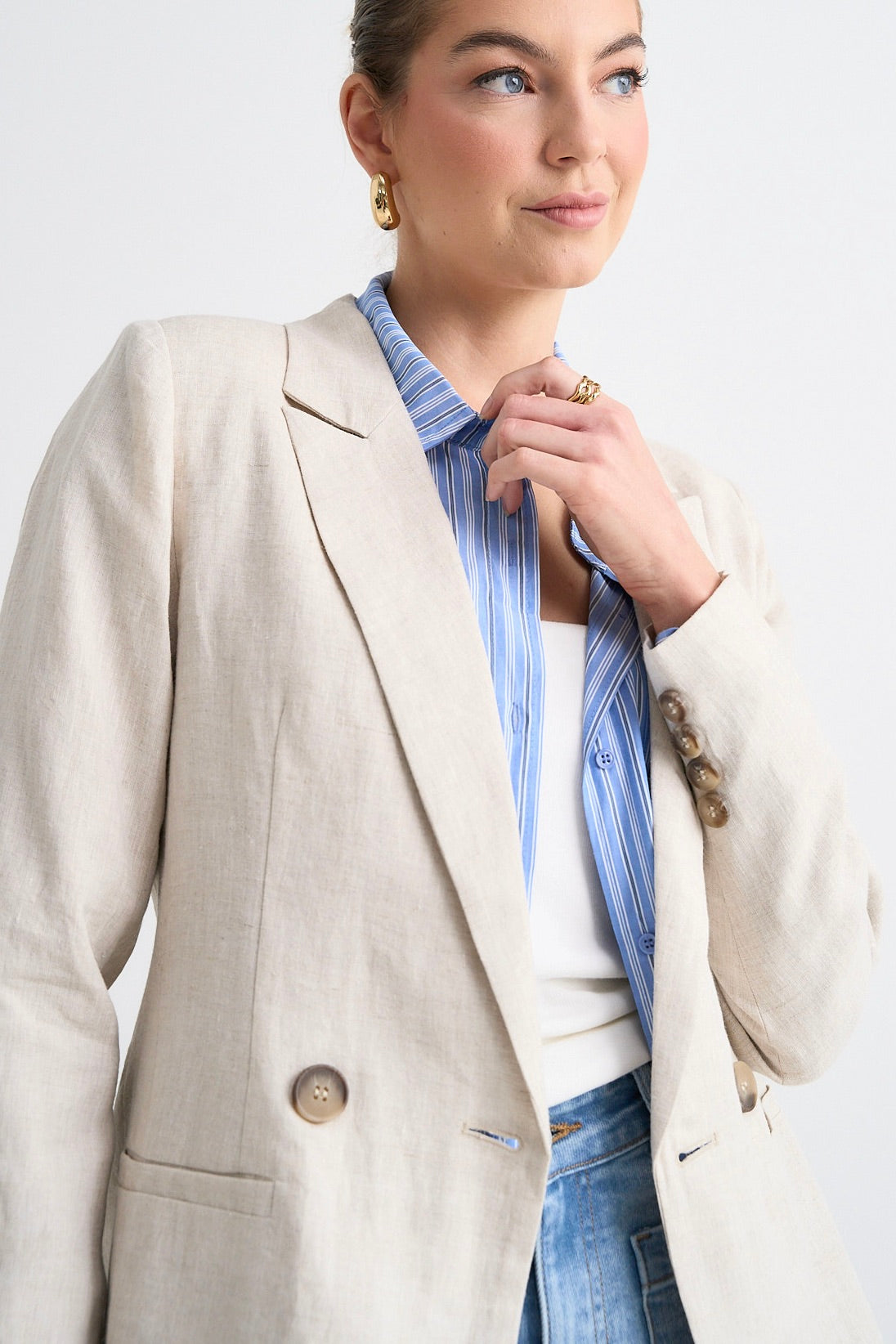 Atlas Natural Linen Double Breasted Blazer for Women | Slim Fit Business Casual Jacket | Perfect for Office, Weddings & Summer Outfits
