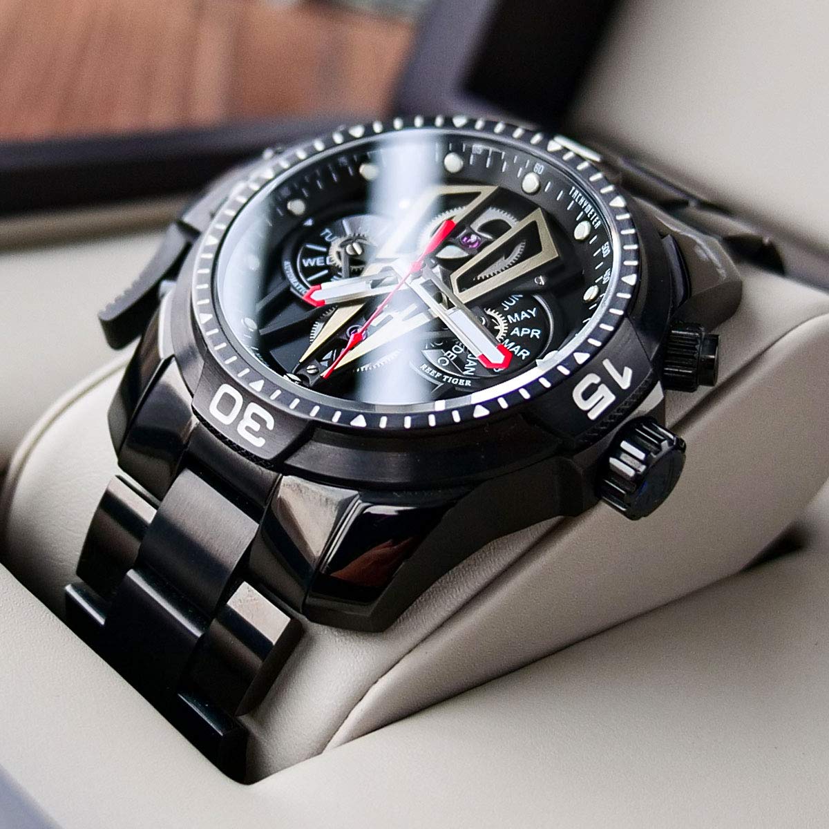 REEF TIGER Men's Automatic Mechanical Watch - Stainless Steel Sports Chronograph with Date Window, Water Resistant, Multi-Functional RGA3591 - Perfect for Outdoor Adventures, Business Meetings & Casual Wear