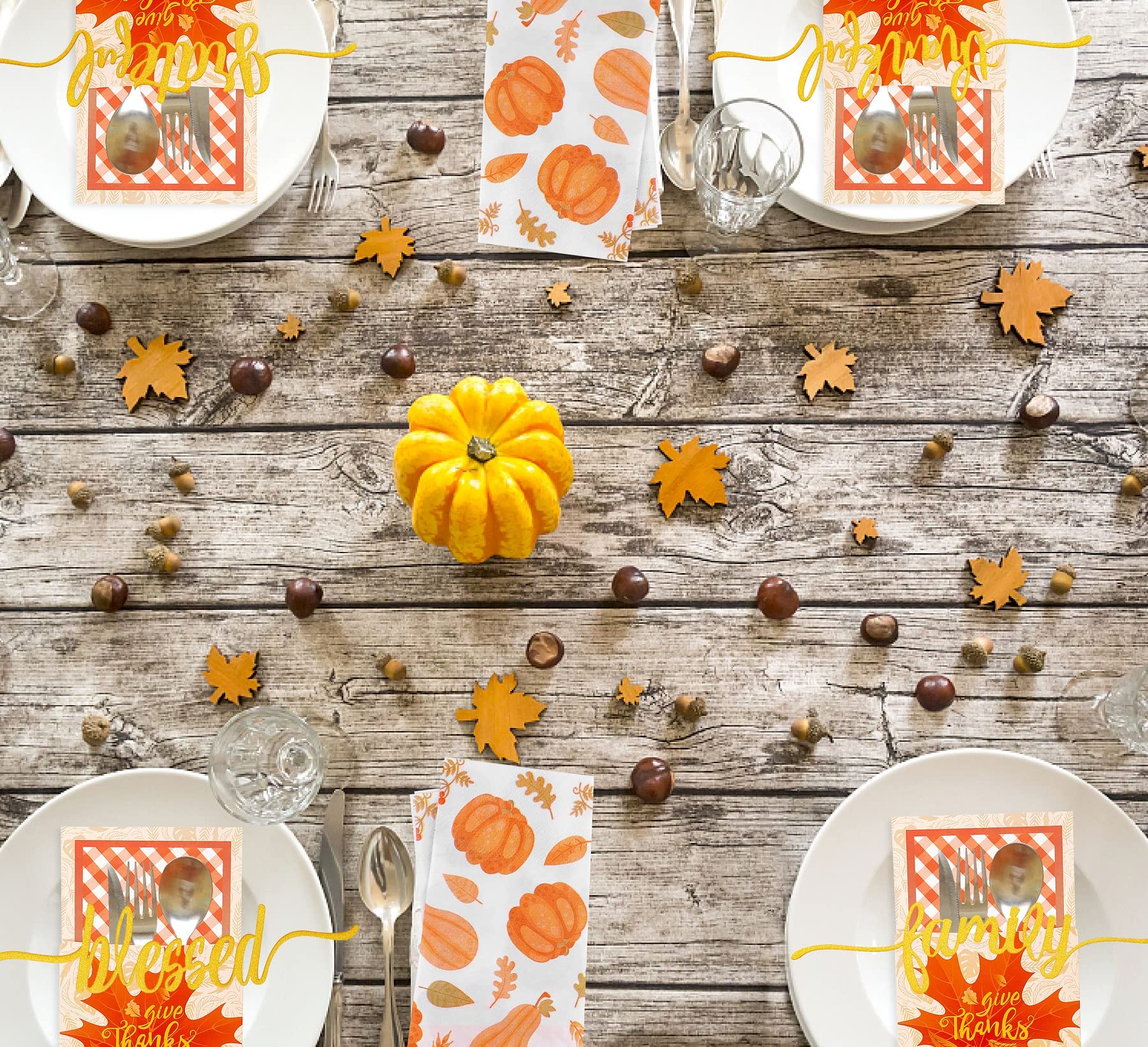 Thanksgiving Table Decor Set - 18-Piece Cutlery Holder, 50 Napkins, 18 Paper Cup Sleeves & Grateful Word Cutouts - Glitter Turkey Utensil Decor for Holiday Dining & Party Settings