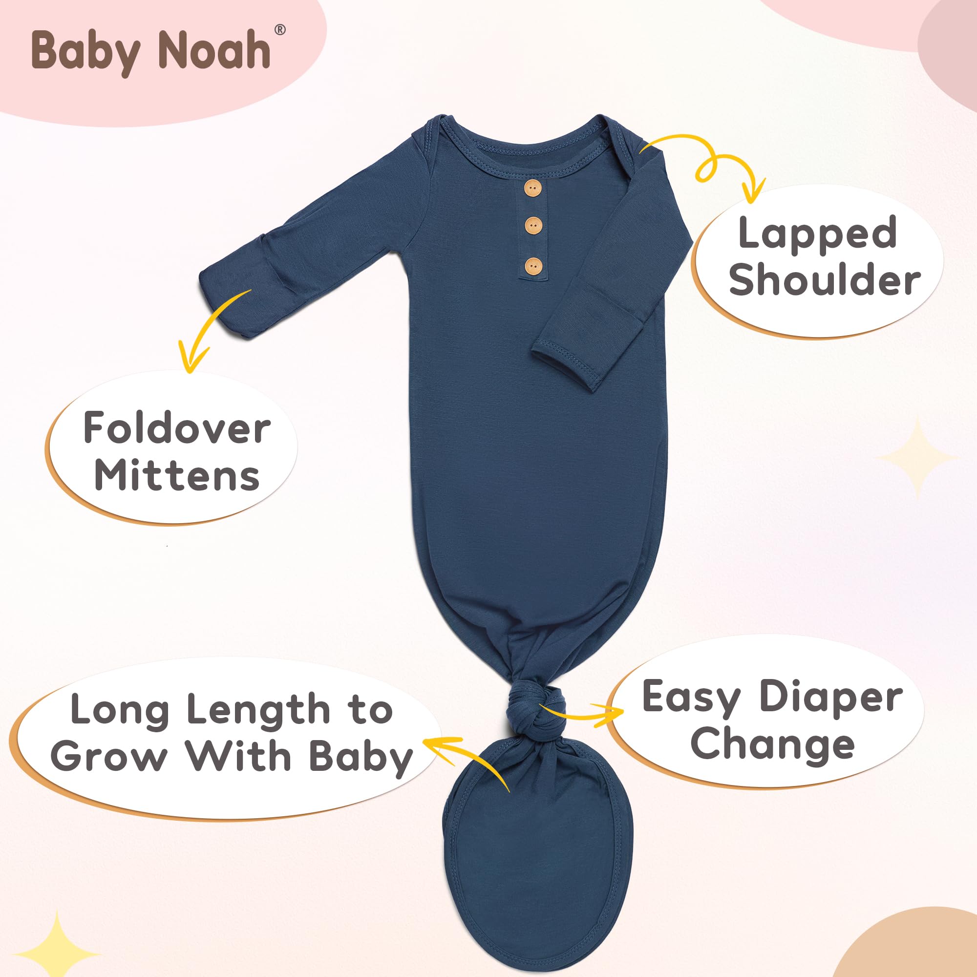Soft Baby Knot Gown 0-3M - Newborn Sleepers with Mittens & Name Tag for Announcement Photos