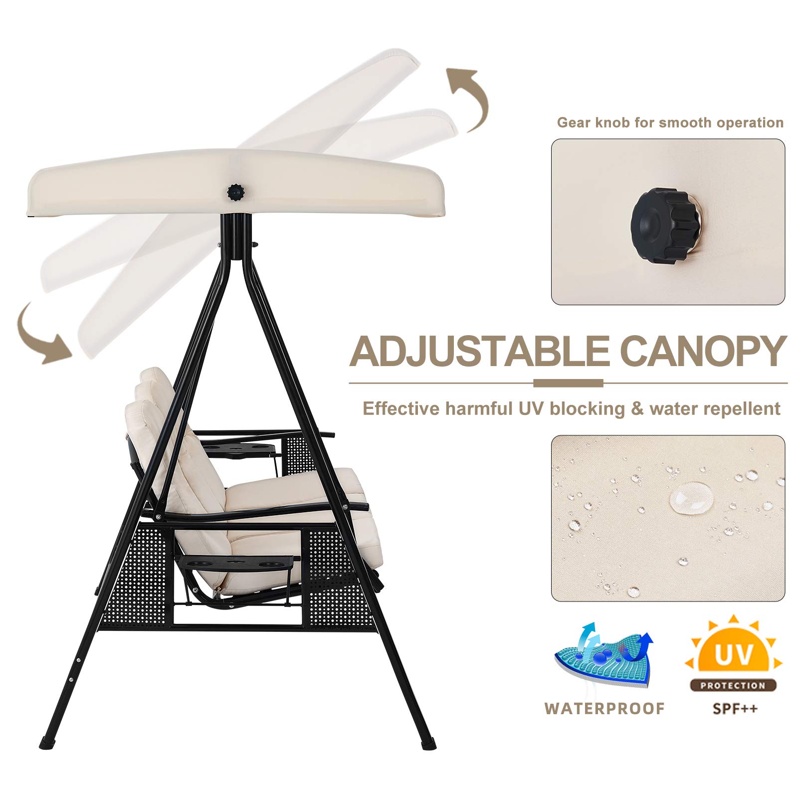 U-MAX 3-Seat Outdoor Patio Swing Chair with Canopy - Weather Resistant Steel Frame, Cup Holders & Cushions - Adjustable Tilt Canopy in Beige - Perfect for Backyard, Garden, Porch or Deck Relaxation
