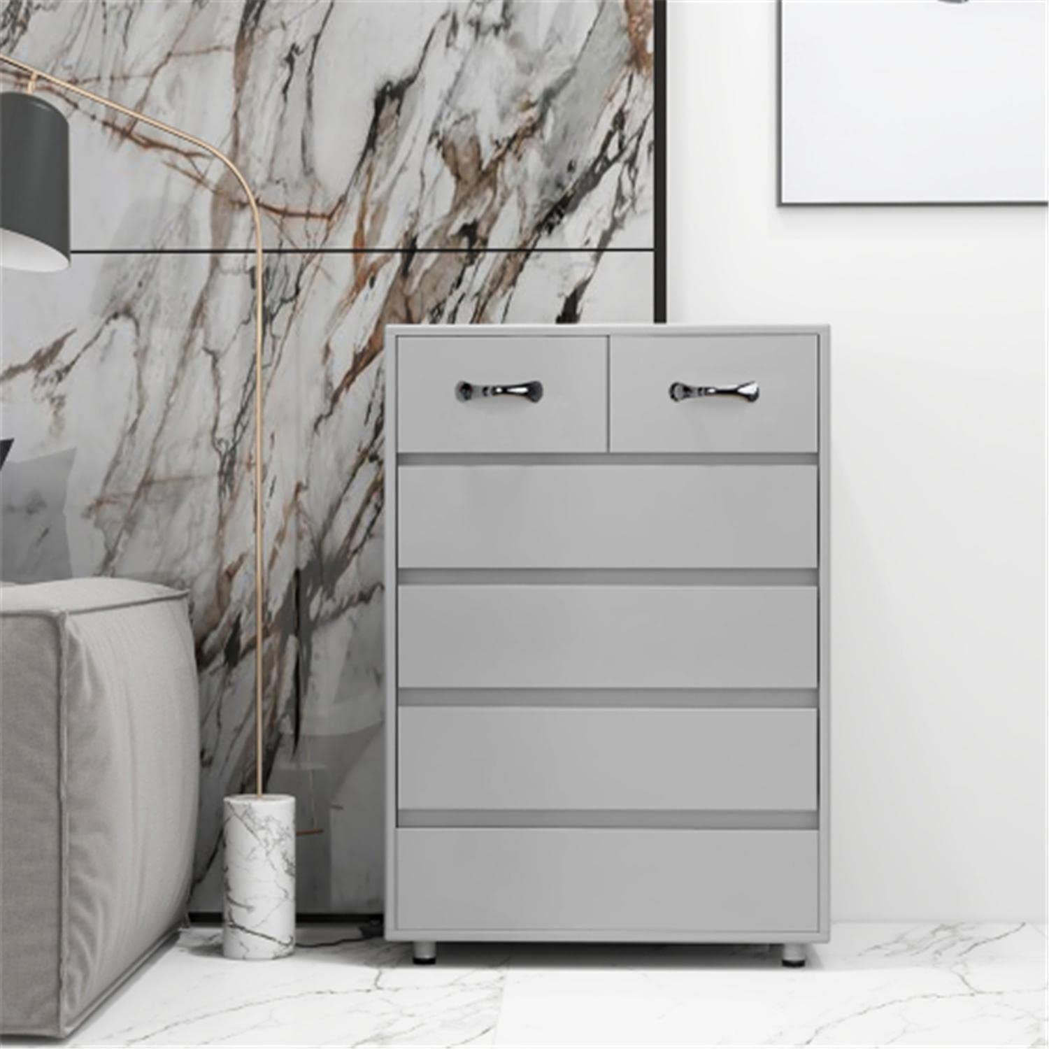 Modern 6-Drawer Wooden Sideboard Storage Cabinet - Free Standing Kitchen Cupboard for Living Room, Bedroom & Dining Room | Space-Saving Organizer for Dishes, Linens & Home Decor (Gray)