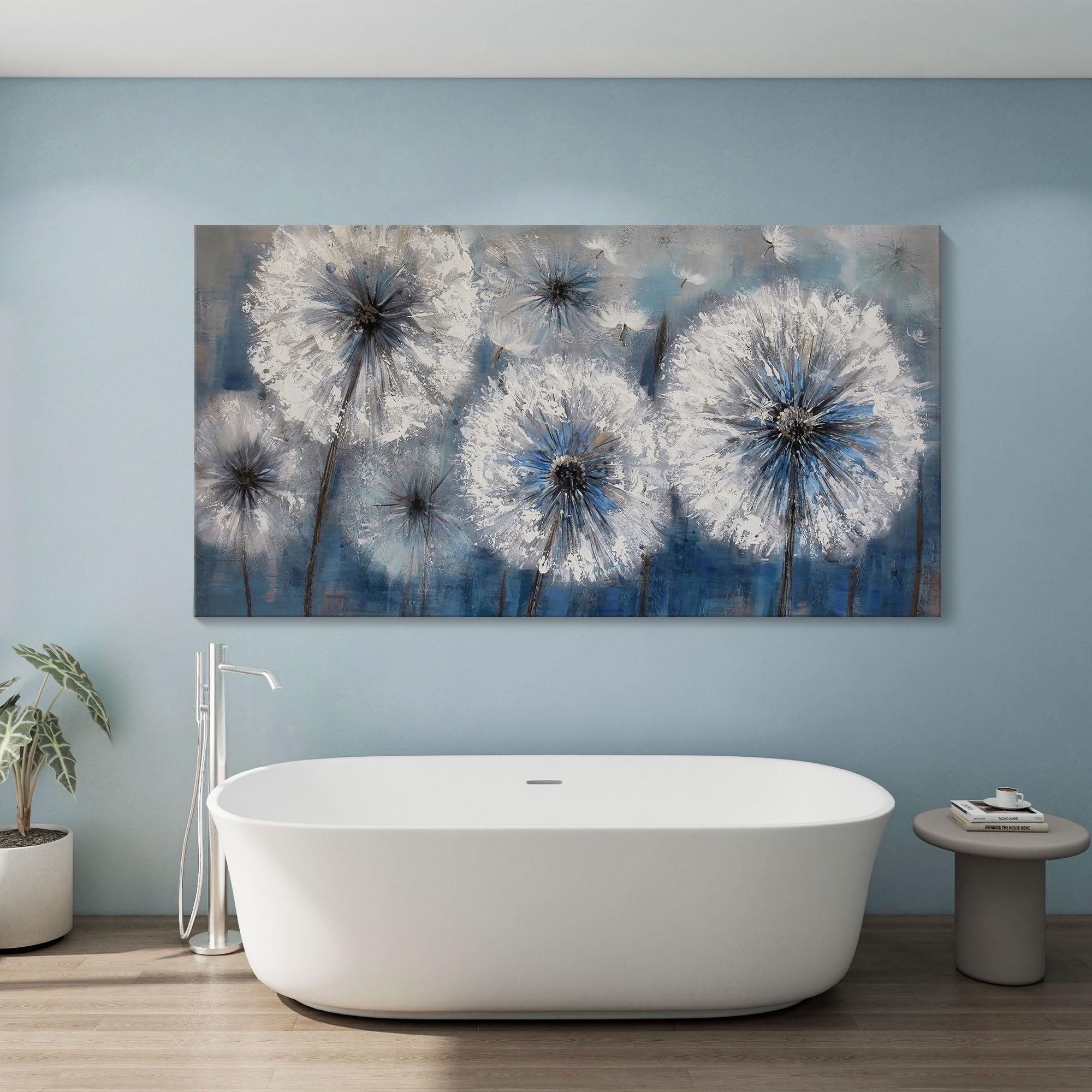Blue Dandelion Canvas Wall Art - Large 29x58 Inch Framed Modern Flower Painting for Living Room & Bedroom Decor - Perfect Above Bed or Sofa for Home & Office