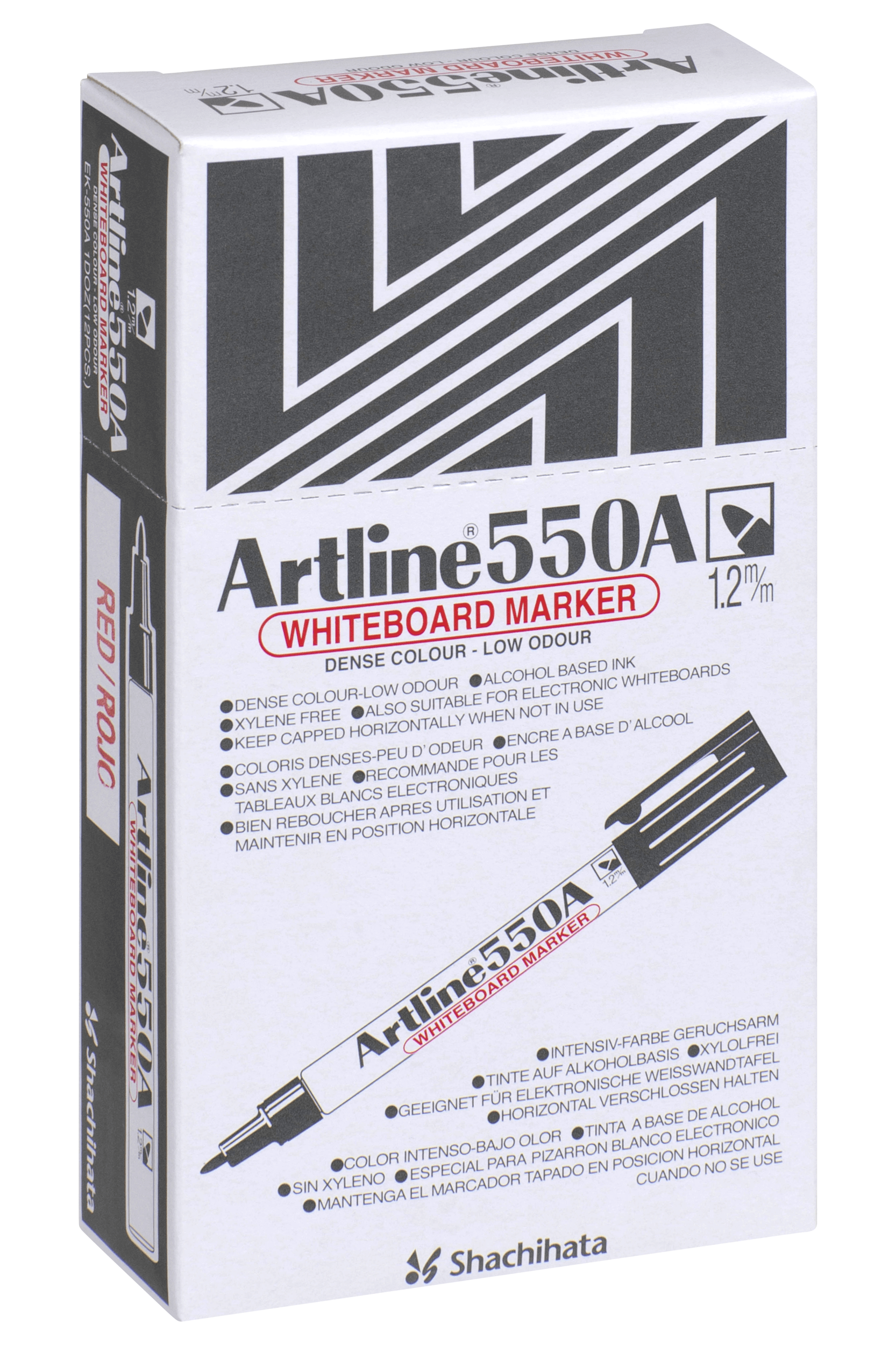 Artline 550A Whiteboard Markers - 12 Pack Red 1.2mm Bullet Tip Dry Erase Markers for Office, Classroom & Home Use - Non-Toxic & Low-Odor