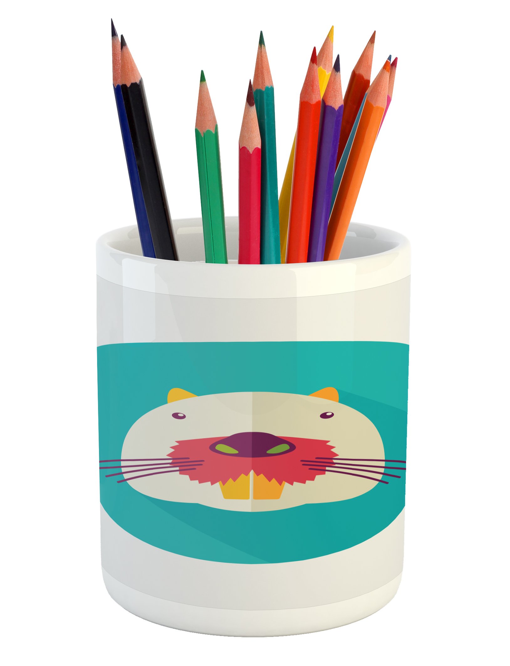 Ambesonne Ceramic Pencil Holder - Colorful Beaver Cartoon Design with Big Teeth for Office & Desk Organization | Unique Animal-Themed Stationery Accessory | Perfect Gift for Teachers & Students