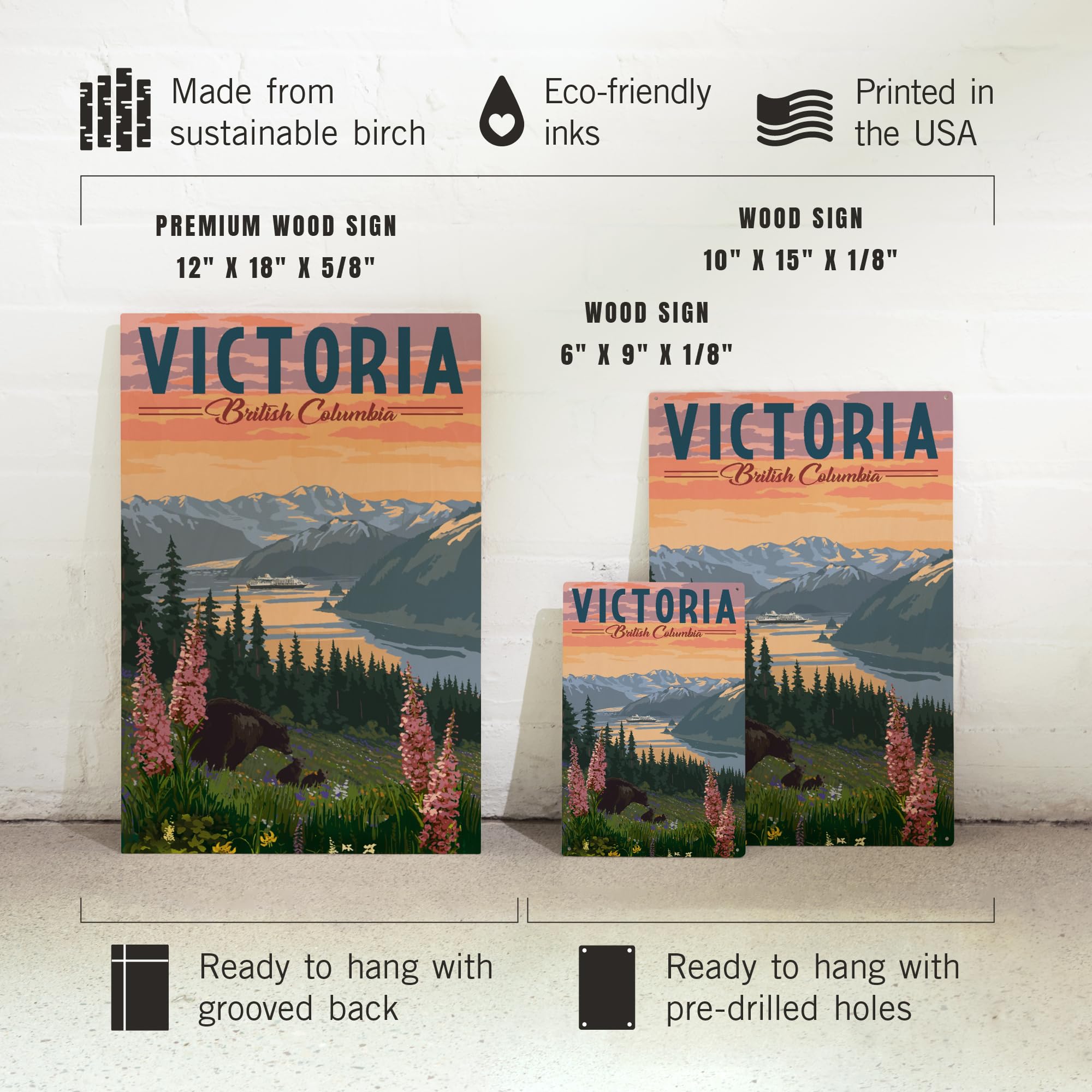 Lantern Press 12x18 Inch Premium Wood Wall Sign - Ready to Hang Home Decor with Victoria BC & Inside Passage Bear Spring Flowers Design - Perfect for Living Room, Bedroom or Cabin Decor