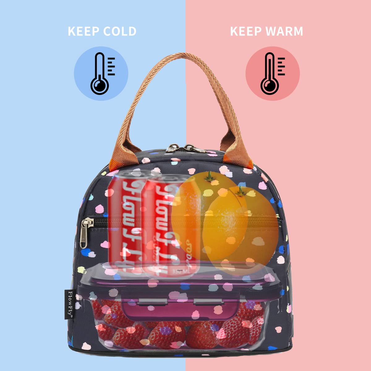 FlowFly Insulated Lunch Bag Tote - Reusable Cooler Lunch Box for Women & Men, Black Floral Design - Perfect for Work, School, Picnics & Outdoor Activities