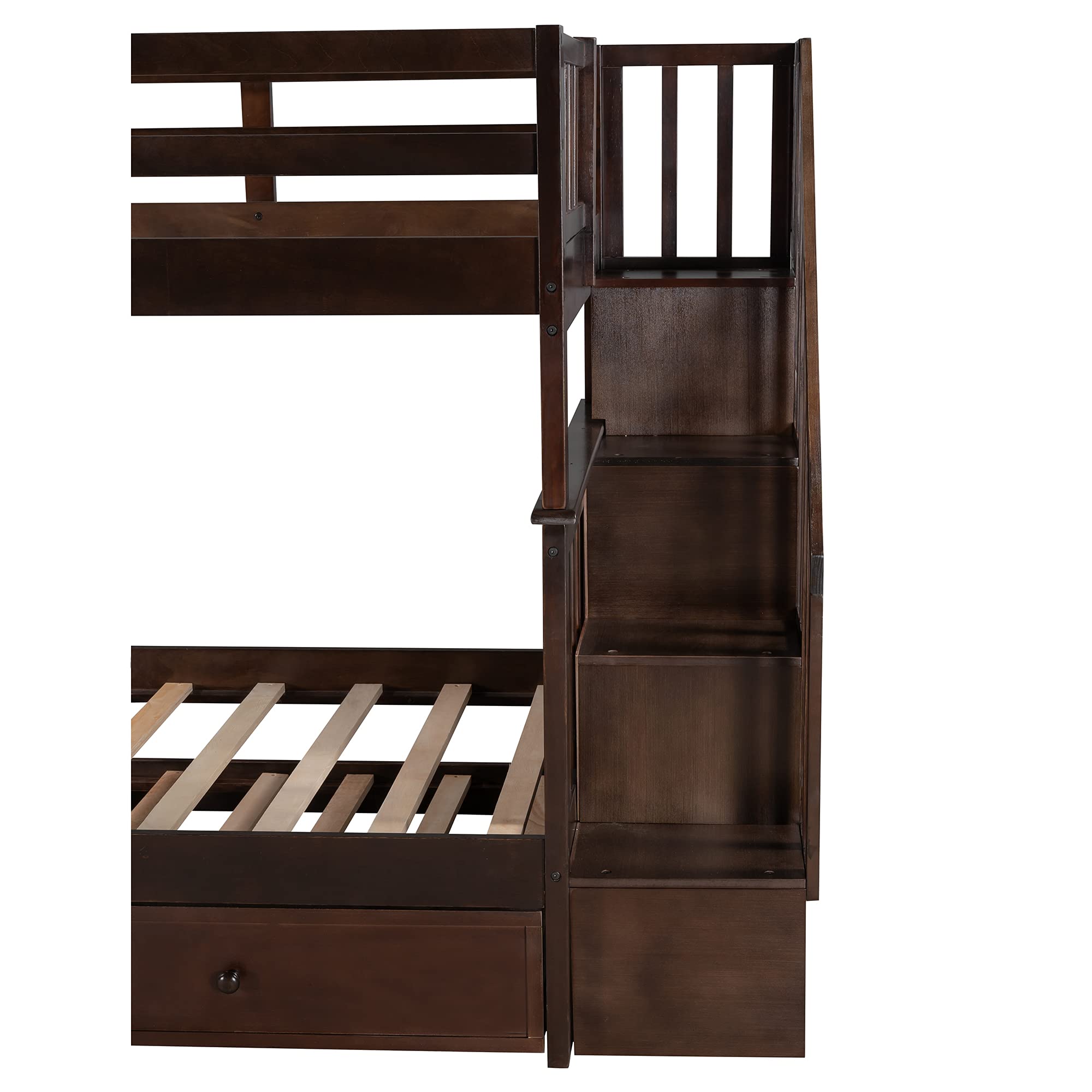 **Twin Over Twin Wooden Bunk Bed with Trundle, Stairs & Open Shelves – Espresso Kids & Teens Bunk Bed for Bedroom, Dorm, Guest Room – Space-Saving & Stylish Sleep Solution**