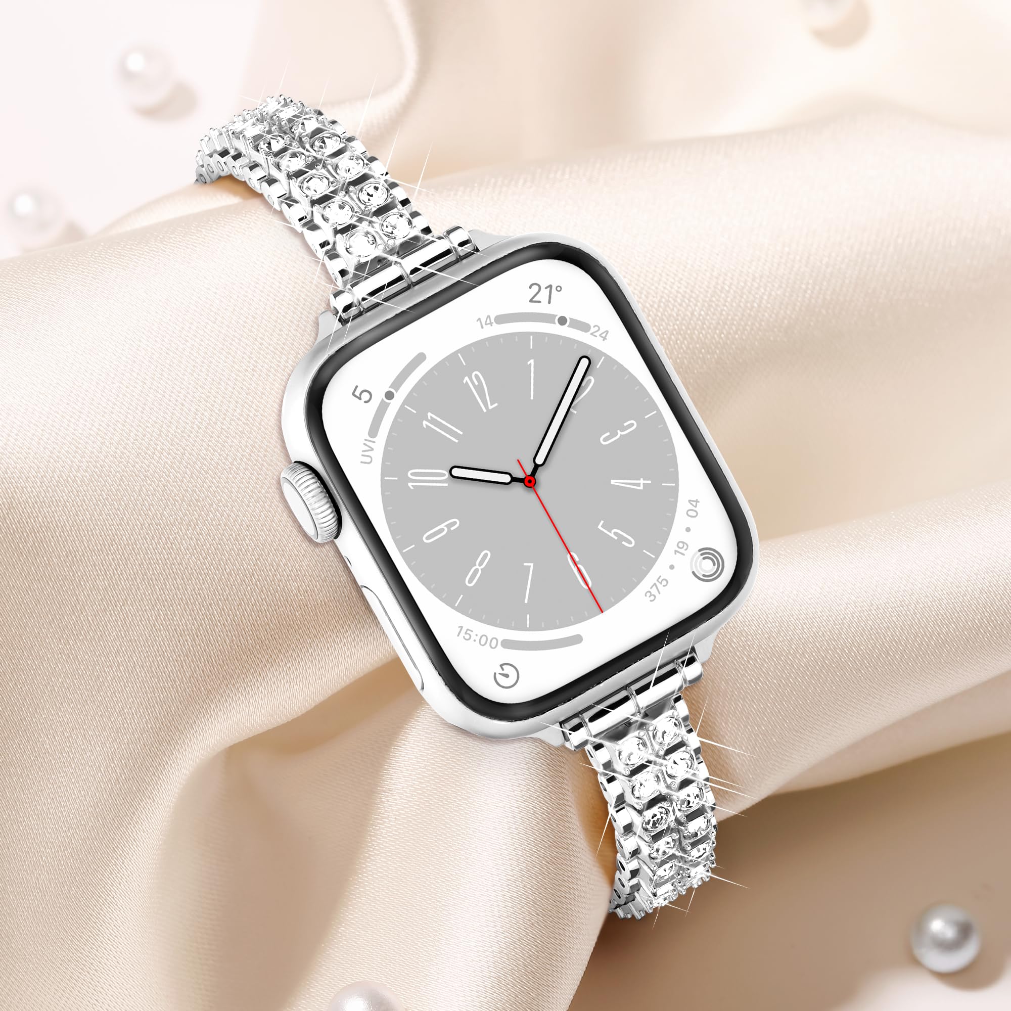 Sparkling Diamond Metal Apple Watch Band for Women - Slim Bling Strap Compatible with iWatch Ultra 2/1, Series 10/9/8/7/6/5/4/3/2/1 SE (38mm-49mm) - Perfect for Workouts, Parties & Everyday Fashion