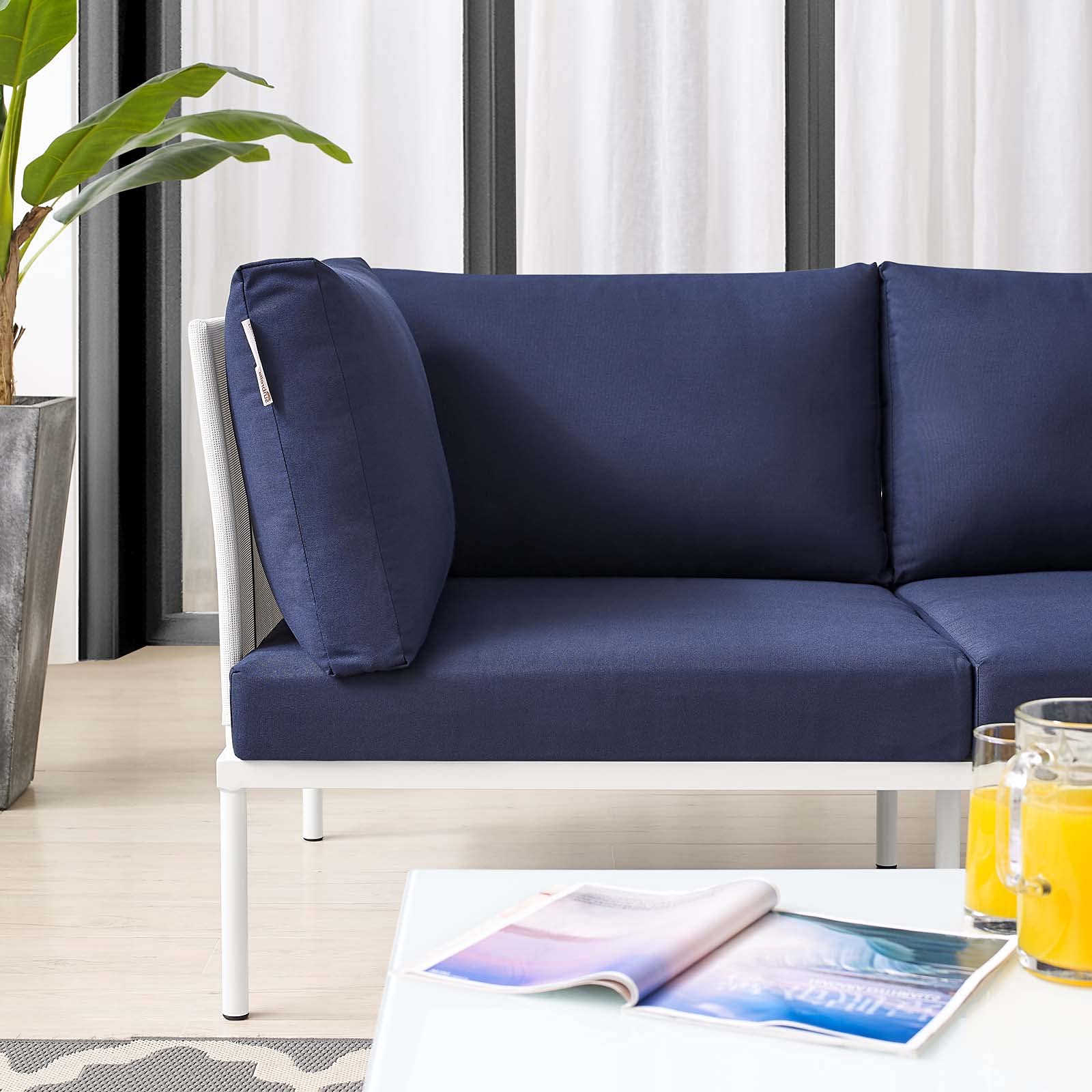 Modern Outdoor Loveseat Sofa - Aluminum Metal Frame in White, Blue & Navy - Perfect for Patio, Cafe & Bistro Relaxation