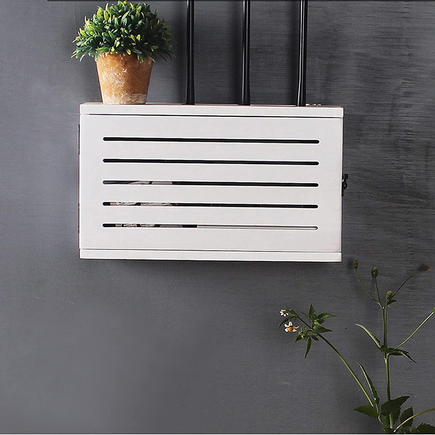 White 40cm Solid Wood Wall Mounted Floating Shelf for Wireless Router - Organize Network TV, Lower Row Sockets & Hide Cables - Perfect for Home Office, Living Room & Entertainment Center Setup