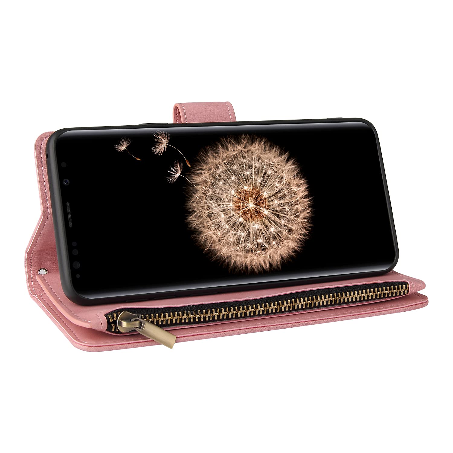 Premium PU Leather Wallet Case for Samsung Galaxy S9 - Magnetic Closure, Card Slots & Kickstand | Women's Handbag Style with Zipper Pocket & Hand Strap (Pink) - Perfect for Daily Use, Travel & Shopping