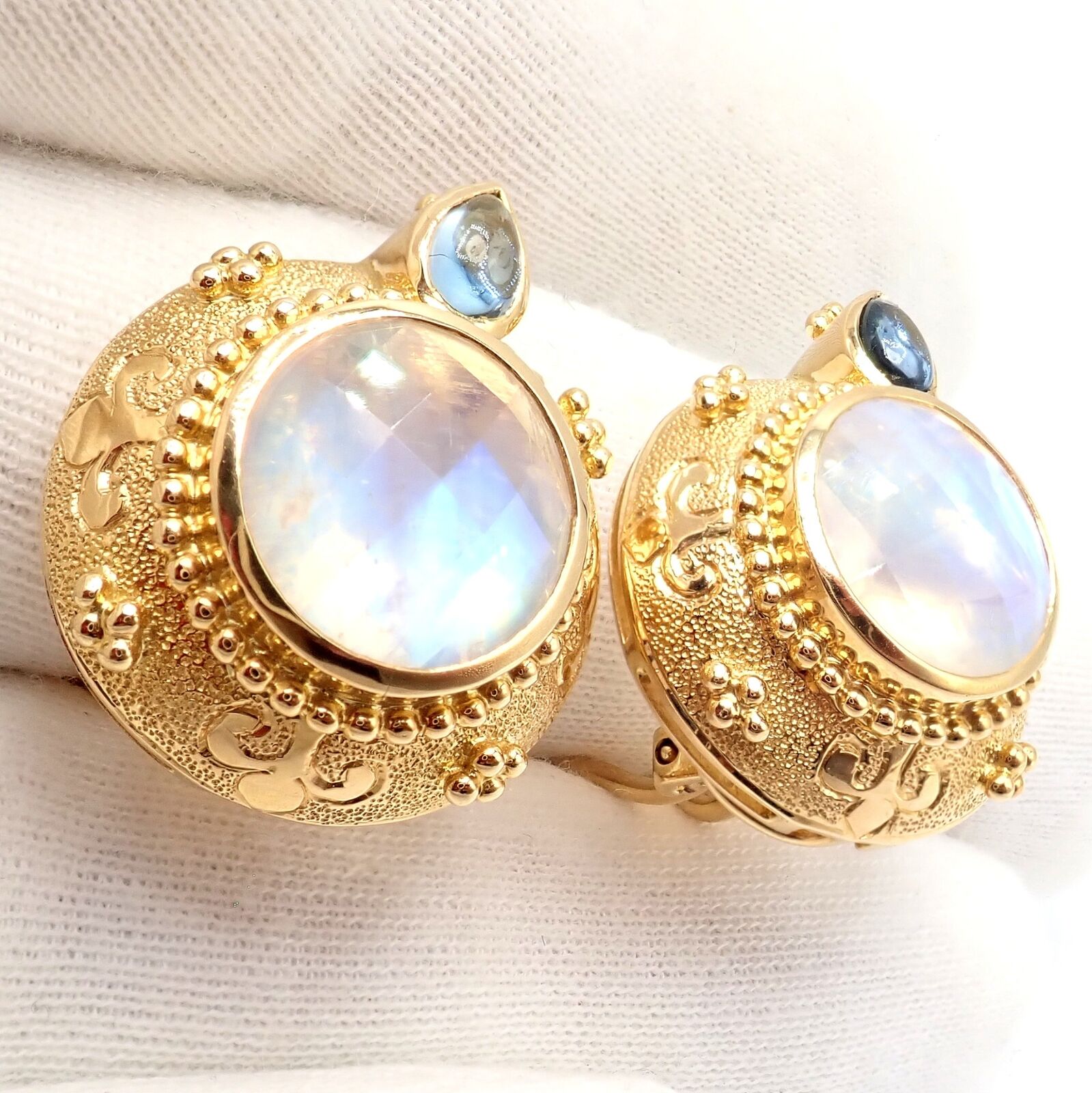 Exquisite Vintage Paula Crevoshay 18K Gold Aquamarine Moonstone Round Earrings - Unique Handcrafted Jewelry for Weddings & Special Occasions