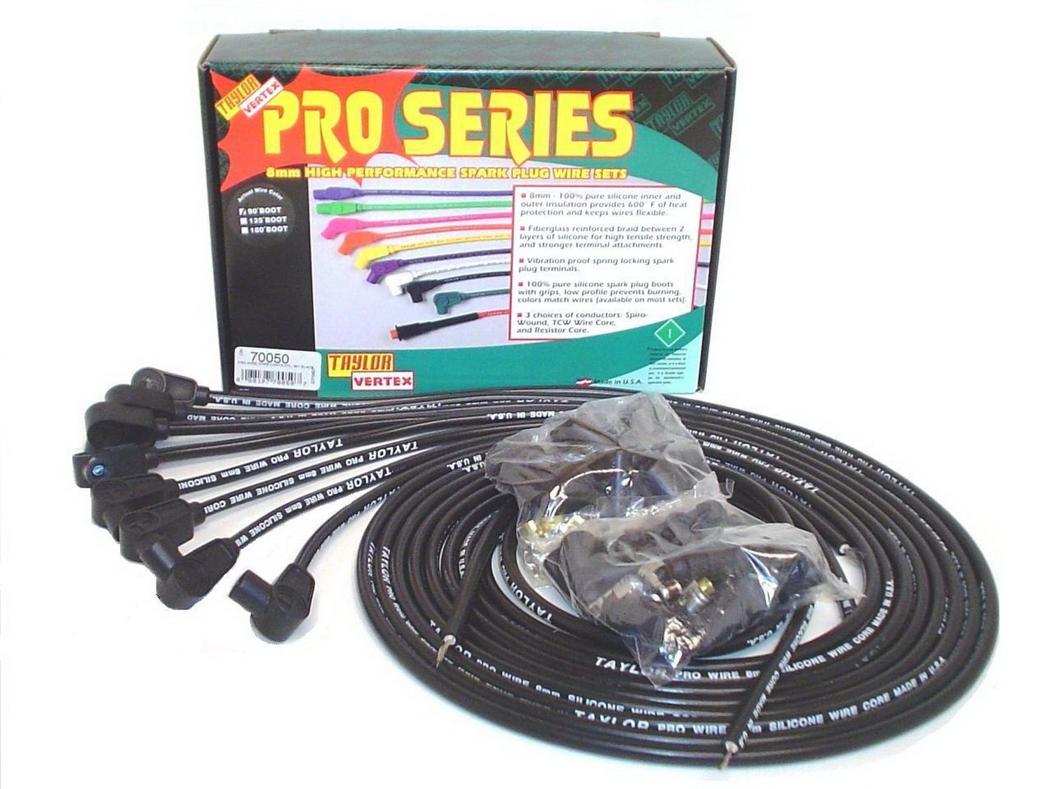 Taylor Cable 70050 8mm Pro Wire Black Spark Plug Wire Set - High Performance Ignition Upgrade for Cars, Trucks & Motorcycles