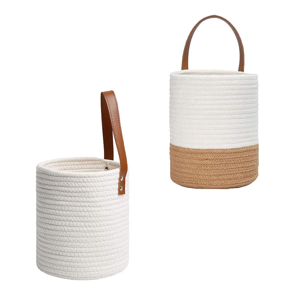 2 Pack Cotton Wall Hanging Planters - White Beige Vine Woven Flower Pots for Indoor Plants (24x16cm) - Perfect for Home Decor, Living Room, Bedroom & Office Spaces