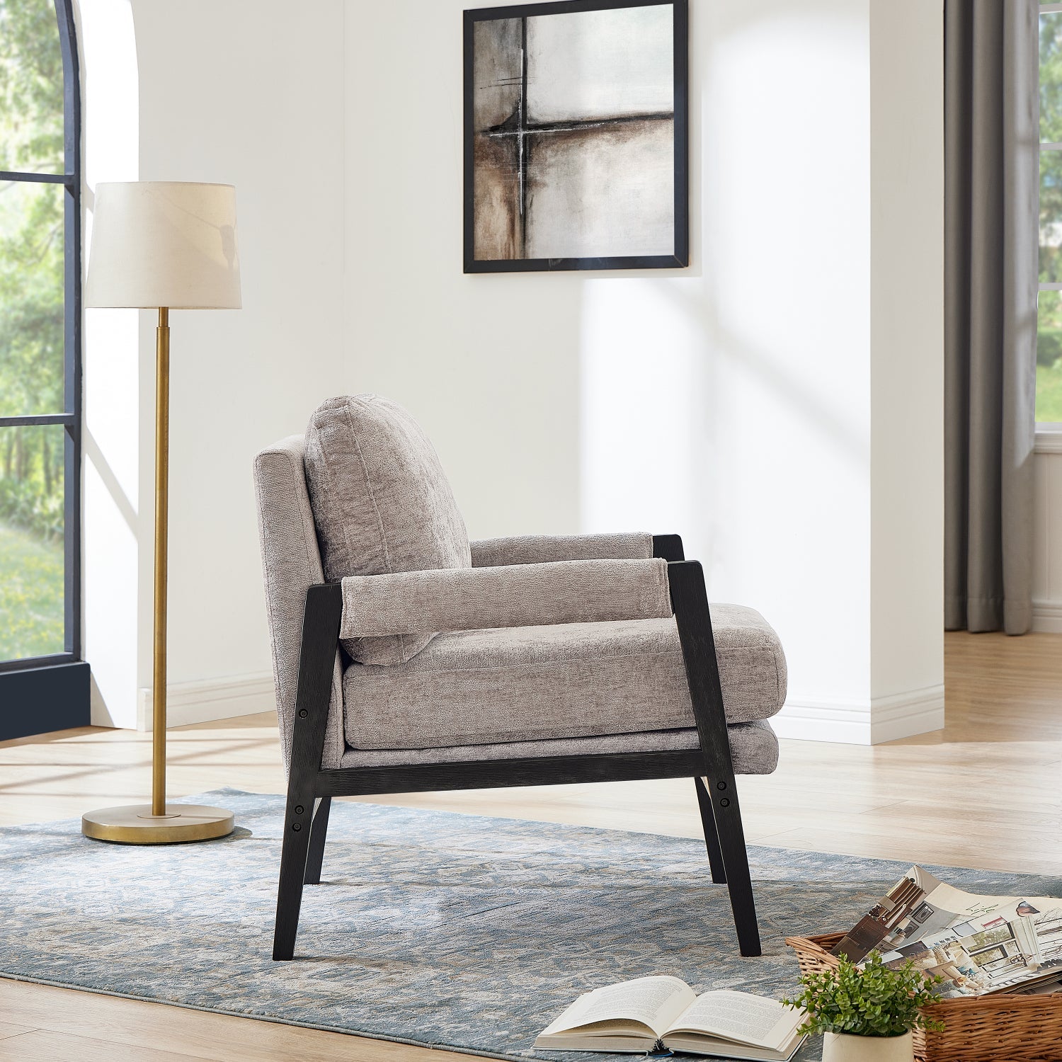 Roundhill Furniture Kelly Mid Century Modern Chenille Upholstered Accent Armchair - Stylish Living Room Chair for Home Office, Lounge & Reading Nook