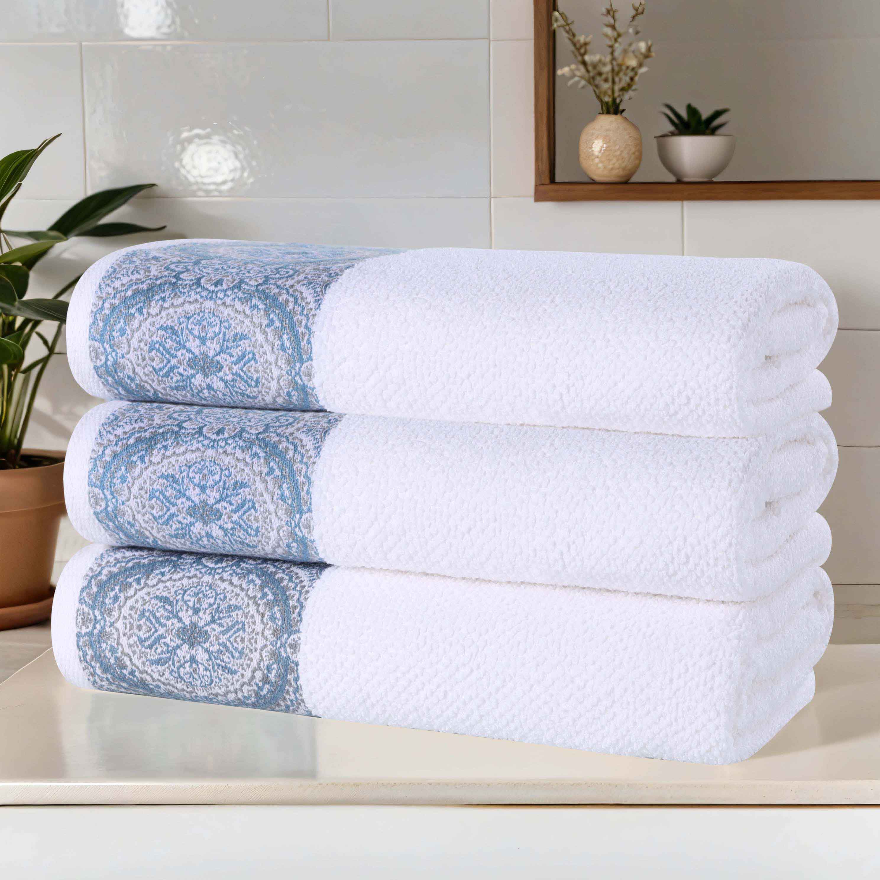 Premium Medallion Cotton Jacquard Bath Towels Set of 3 - Ultra Soft & Absorbent Luxury Towels for Spa, Bathroom & Beach Use