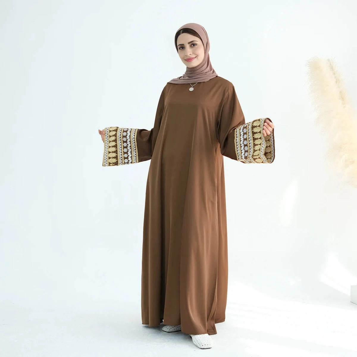 Elegant Satin Abaya Dress with Embroidery Cuff - Modest Islamic Clothing for Women | Perfect for Prayer, Eid, and Special Occasions