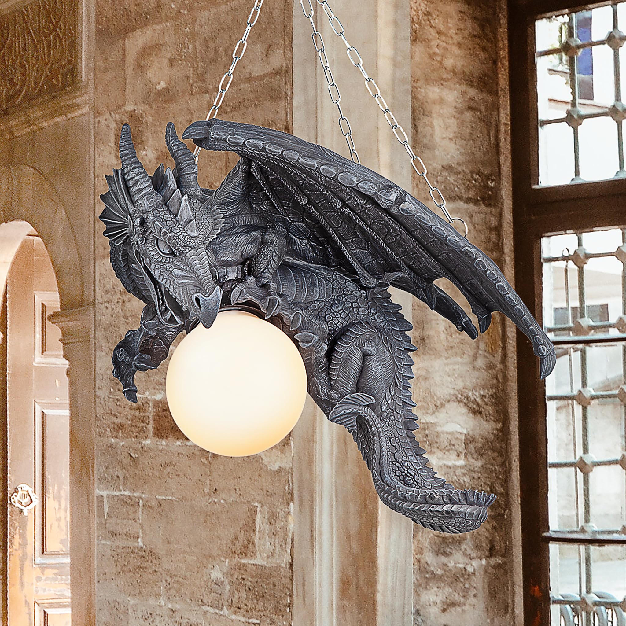 Design Toscano Nights Fury Dragon Gothic Decor Hanging Light Fixture - 21 Inch Greystone Medieval Fantasy Ceiling Lamp for Home, Castle, or Game Room Decor - Perfect for Halloween, Gothic, and Fantasy Themed Spaces