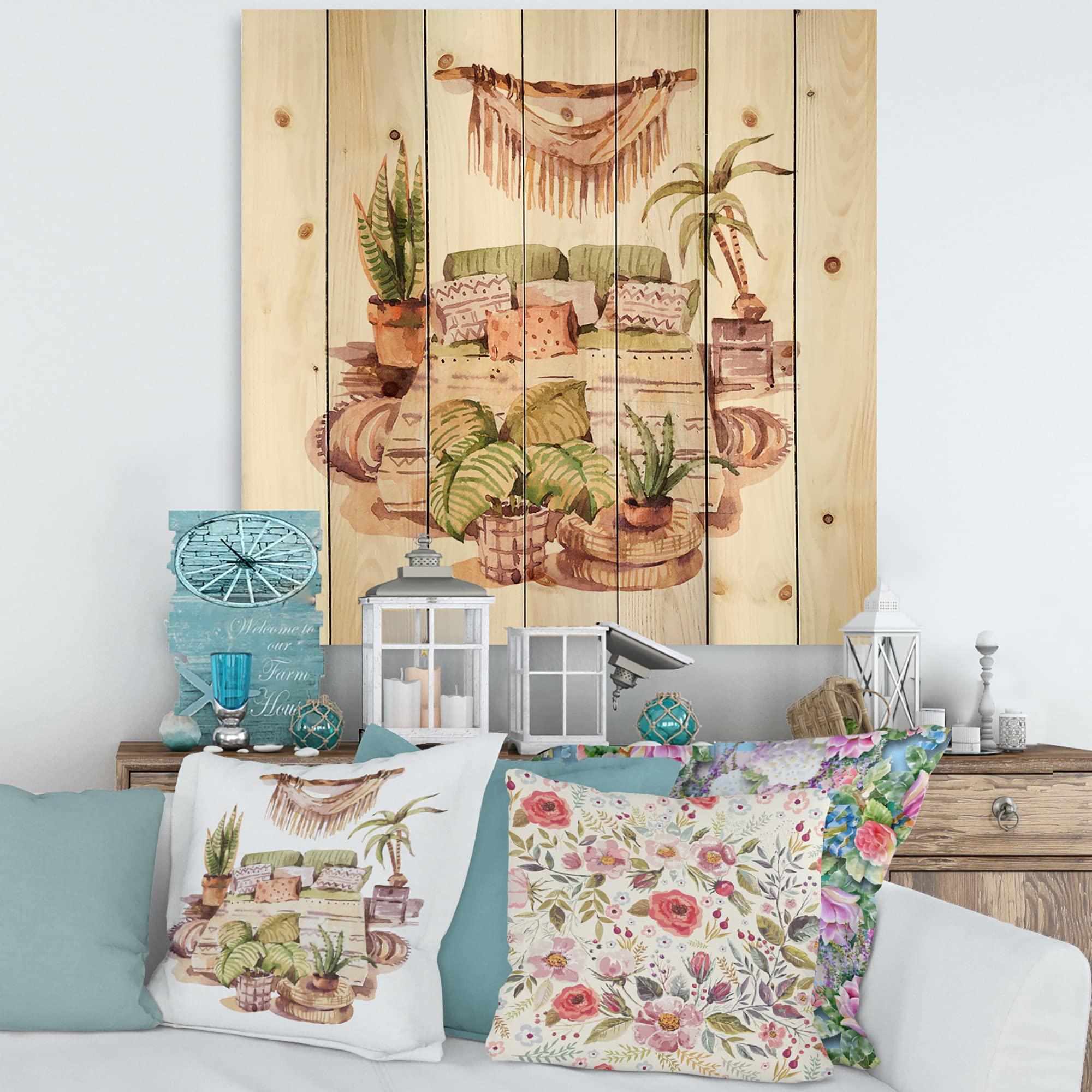 DesignQ Indoor House Plants Urban Jungle Traditional Wood Wall Decor - Large Floral Wood Wall Art Panels Printed on Natural Pine - Perfect for Living Room, Bedroom & Office Decor