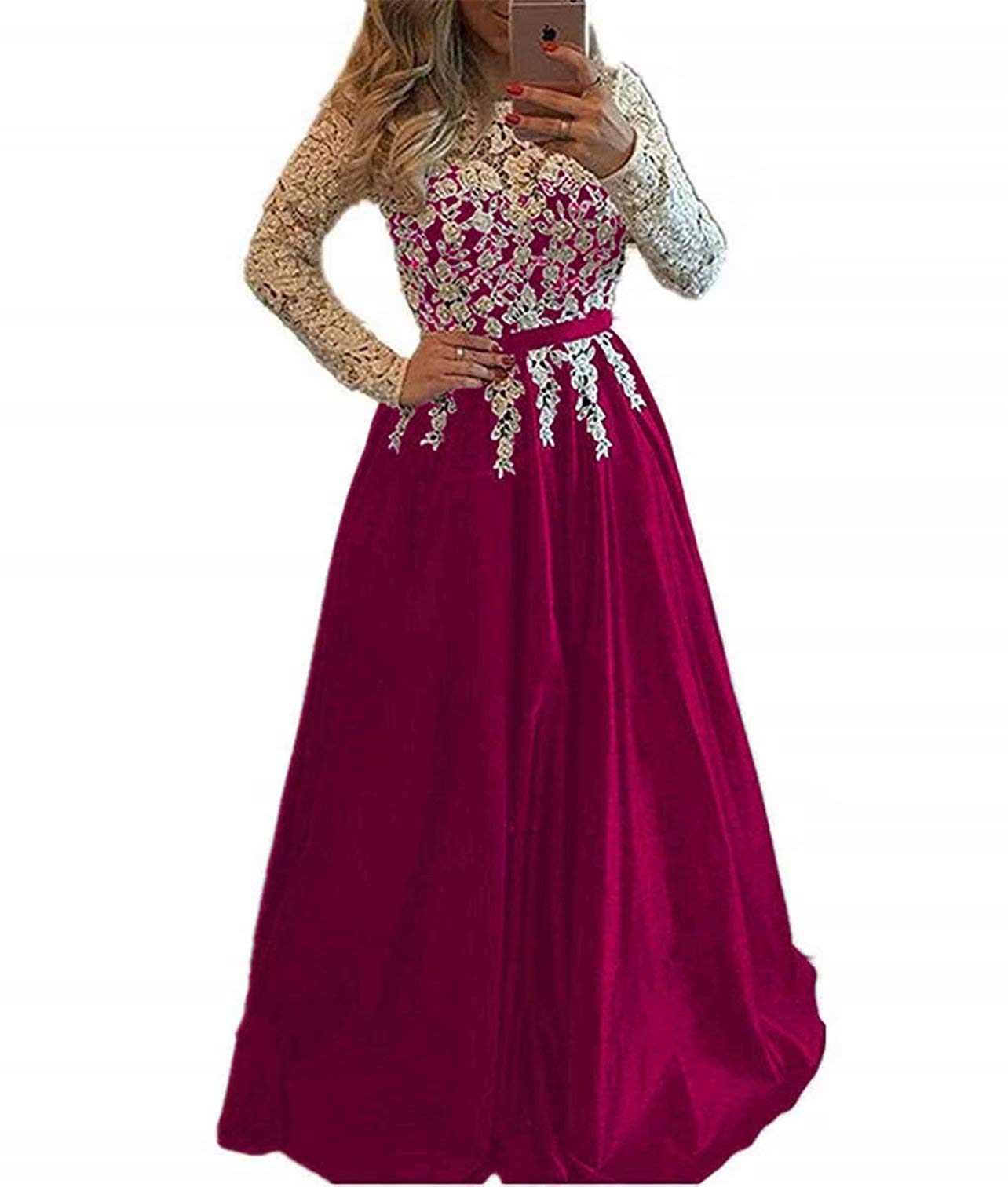 Elegant Women's Lace Applique Mother of The Bride Evening Dress - Long Sleeve Satin Prom Gown for Weddings, Formal Events & Special Occasions