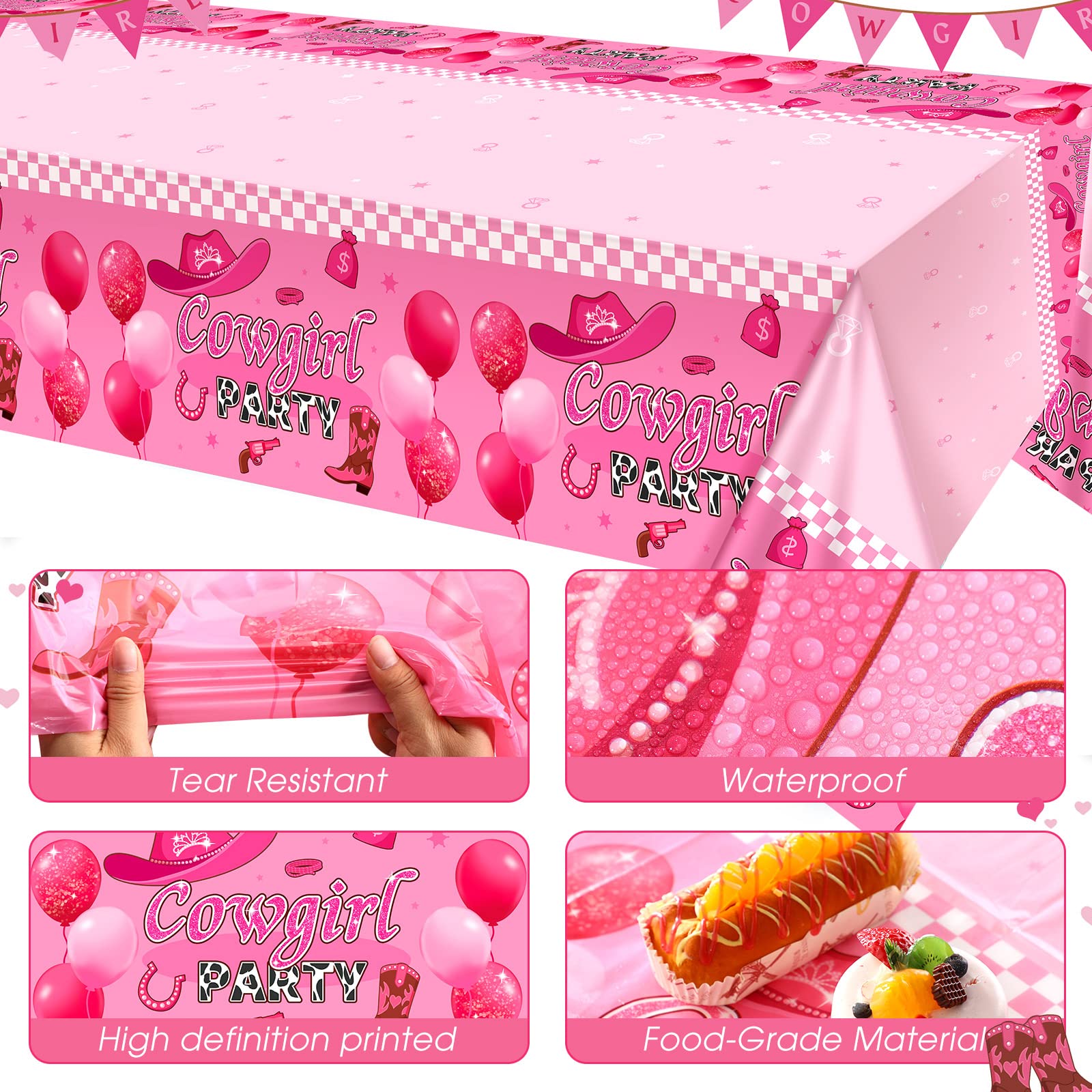 HyDren 3-Pack Pink Cowgirl Party Tablecloths 54x108 Inch - Western Disco Themed Disposable Plastic Table Covers for Cowgirl Birthday Decorations, Baby Showers & Horse Parties | Perfect for Girls, Boys & Western-Themed Events