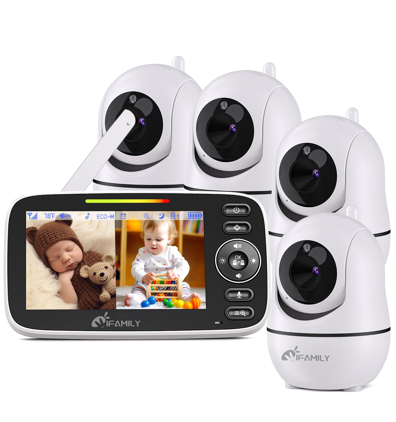 iFamily 4-Camera Baby Monitor with Audio & Video - Remote Pan/Tilt, Night Vision, Two-Way Talk, VOX Mode, Feeding Reminder, Temperature Sensor & Built-in Lullabies | Long Range Wireless Baby Camera for Nursery, Bedroom & Travel | Perfect for Newborns, Toddlers & Child Safety Monitoring