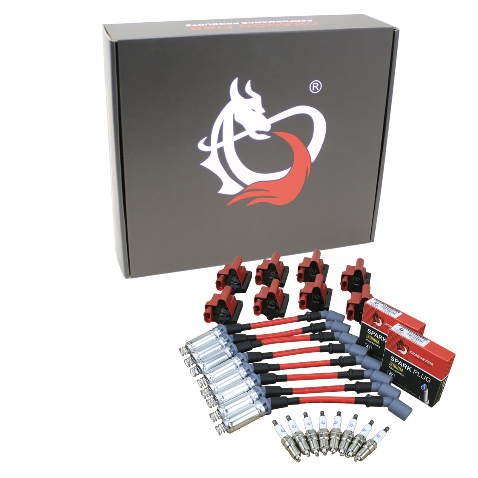 DRAGON FIRE PERFORMANCE Ignition Set with SQUARE Ignition Coils, IRIDIUM Spark Plugs & 10mm Spark Plug Wires - Compatible with 1999-2007 GM Trucks & SUVs (LS Engine) - Replaces OEM 19418993, 12556393, D581 - Perfect for Engine Tune-Ups & Performance Upgrades