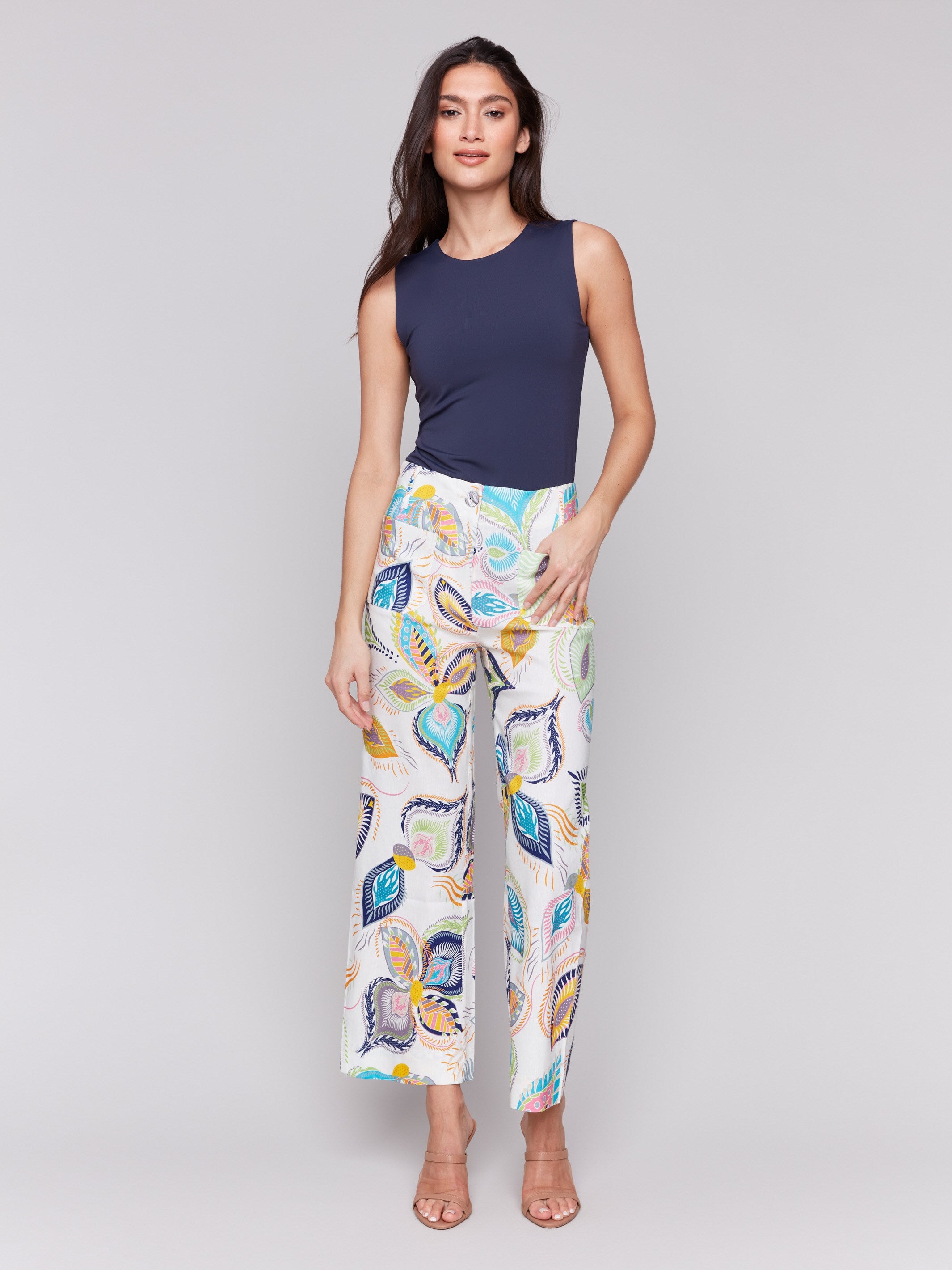 Printed Cropped Linen Blend Pants with Feather Design - Women's Lightweight Summer Casual Trousers for Beach, Vacation & Boho Style Outfits